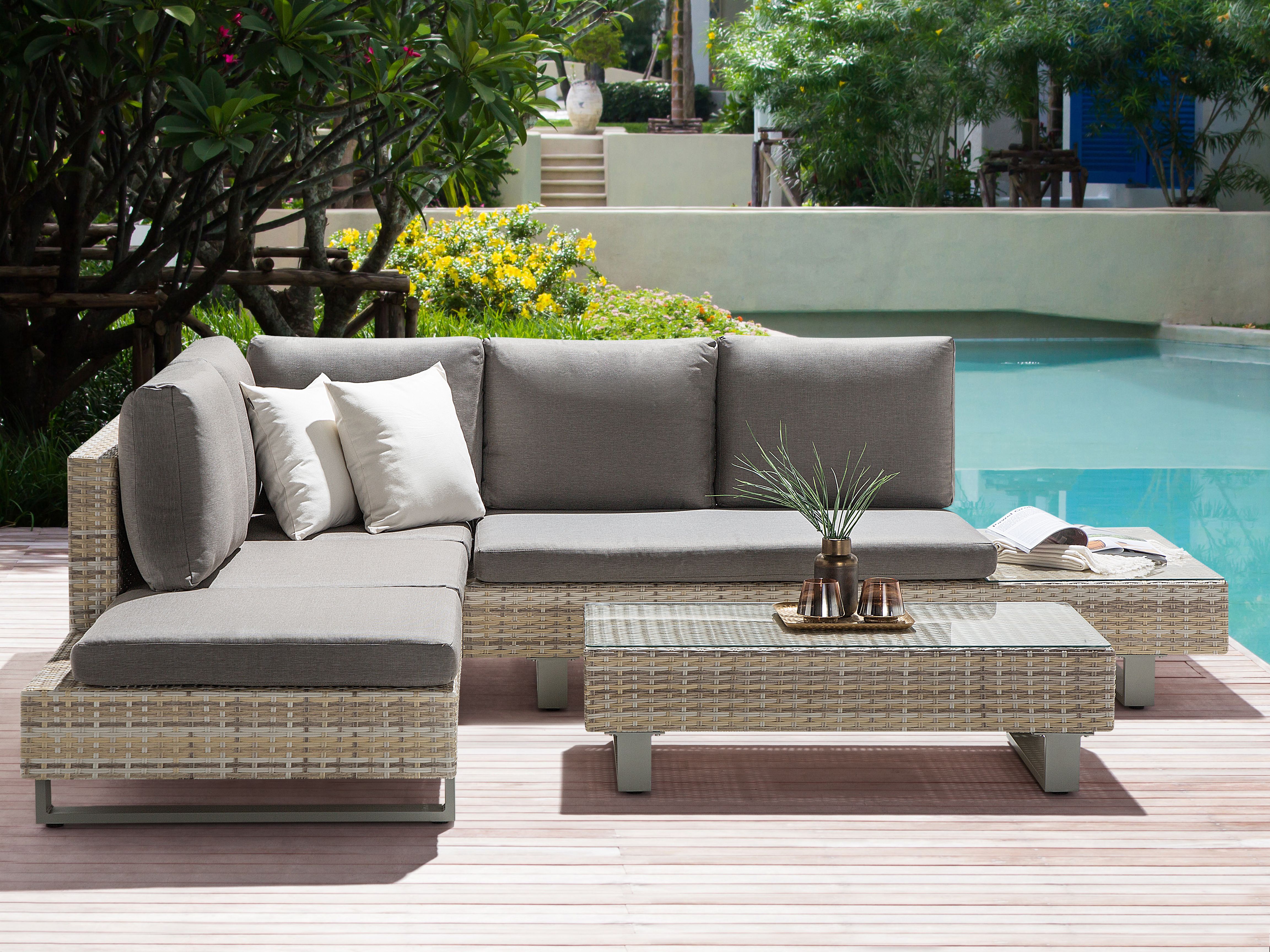 Garden Corner Sofa with Table 5 Seater LANCIANO Right Hand PE Rattan Grey