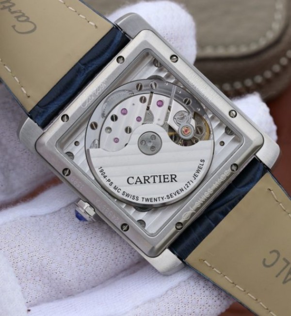 Replica Cartier Tank MC SS Blue Textured Dial Diamonds Bezel Leather Strap - Top club