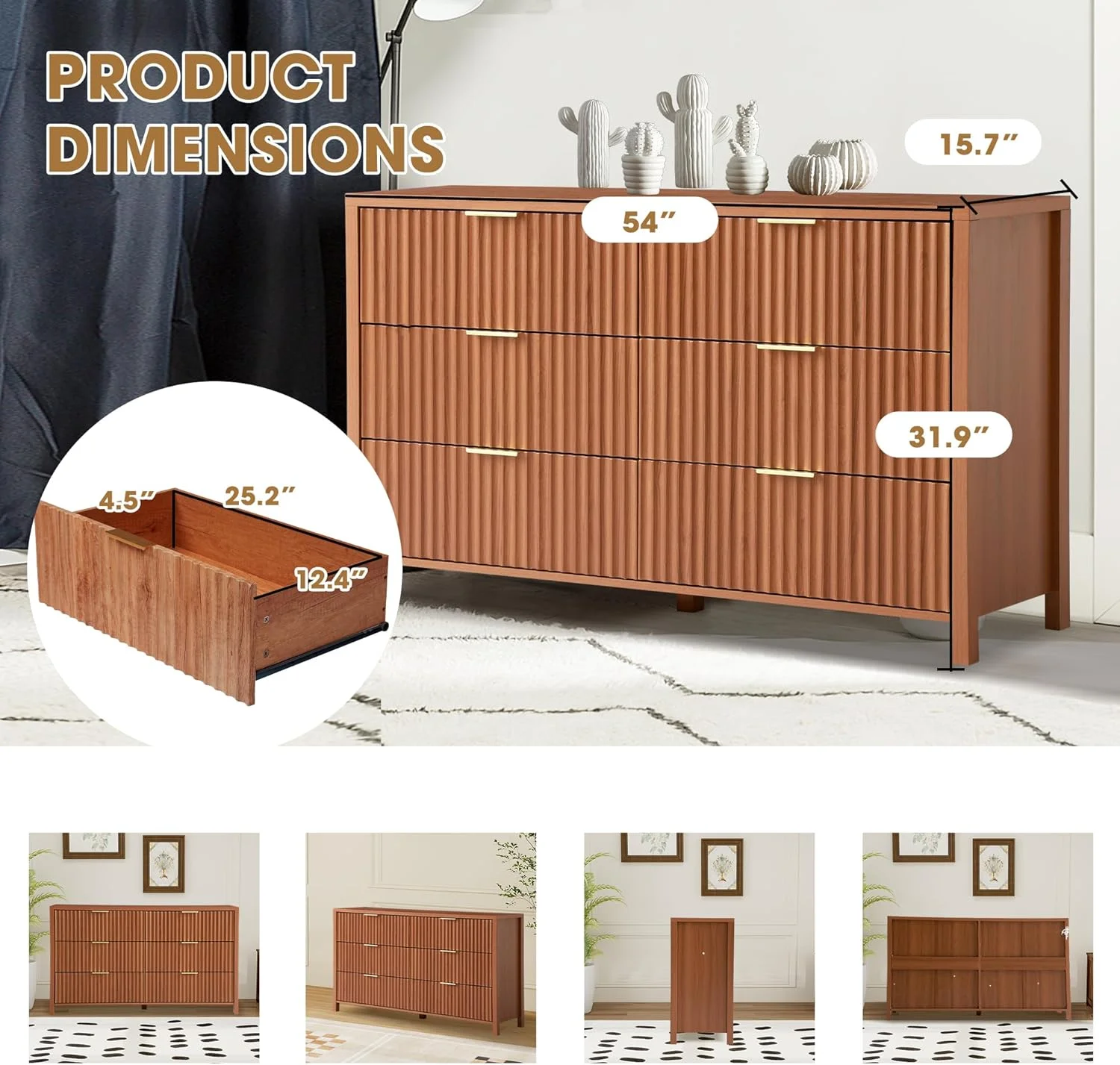 Magic Union Fluted 6 Drawers Dresser for Bedroom, 54