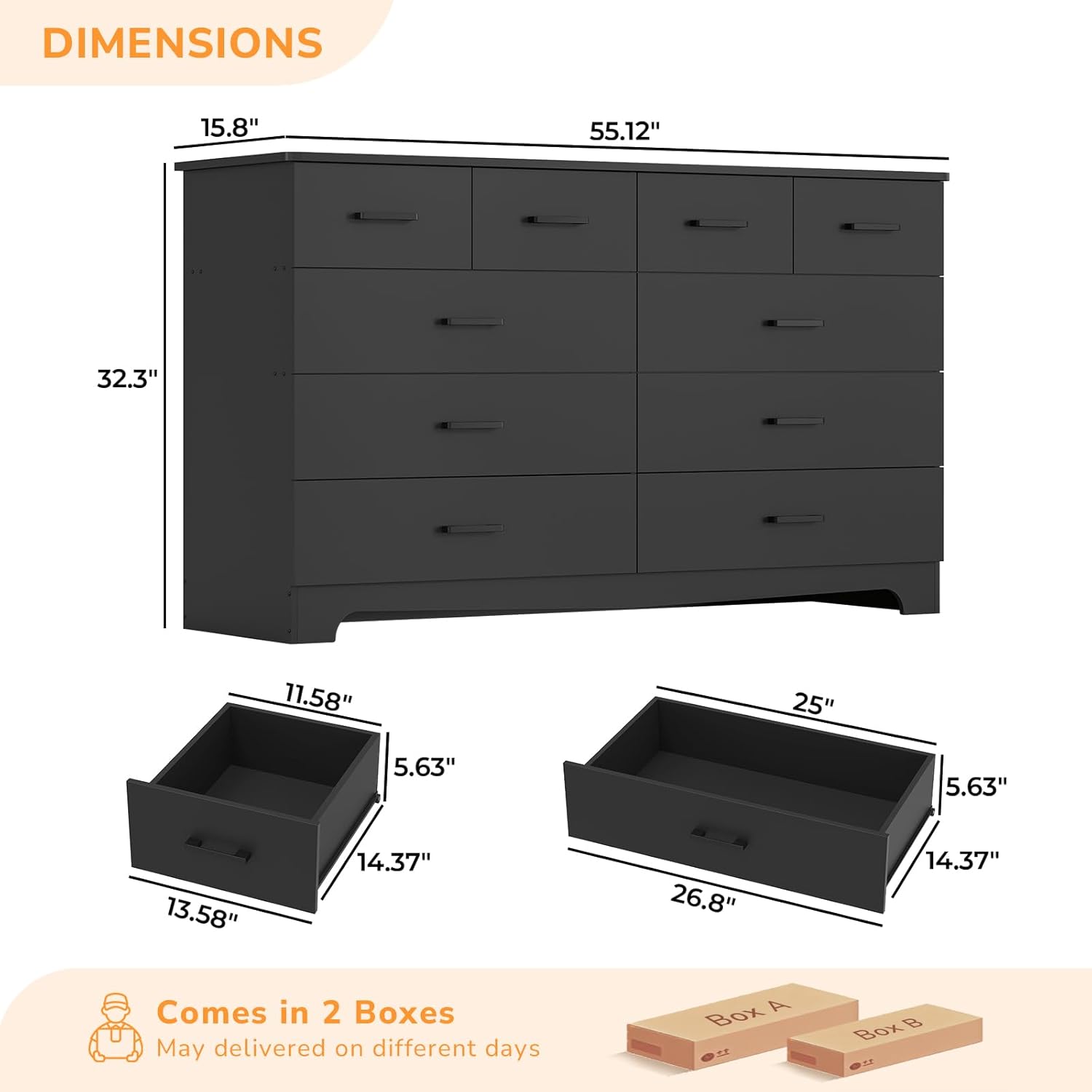 DICTAC Black Dresser for Bedroom with 10 Drawers, Large Chest of Drawers Storage Organizer, Long Dresser TV Stand with Power Outlets, Wide Dressers for Bedroom, Living Room 55.1