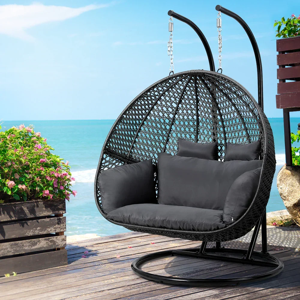 Gardeon Hanging Pod Chair With Stand And Cushion, 2 Seater, Grey - Image 8 Gardeon Hanging Pod Chair With Stand And Cushion, 2 Seater, Grey - Image 8