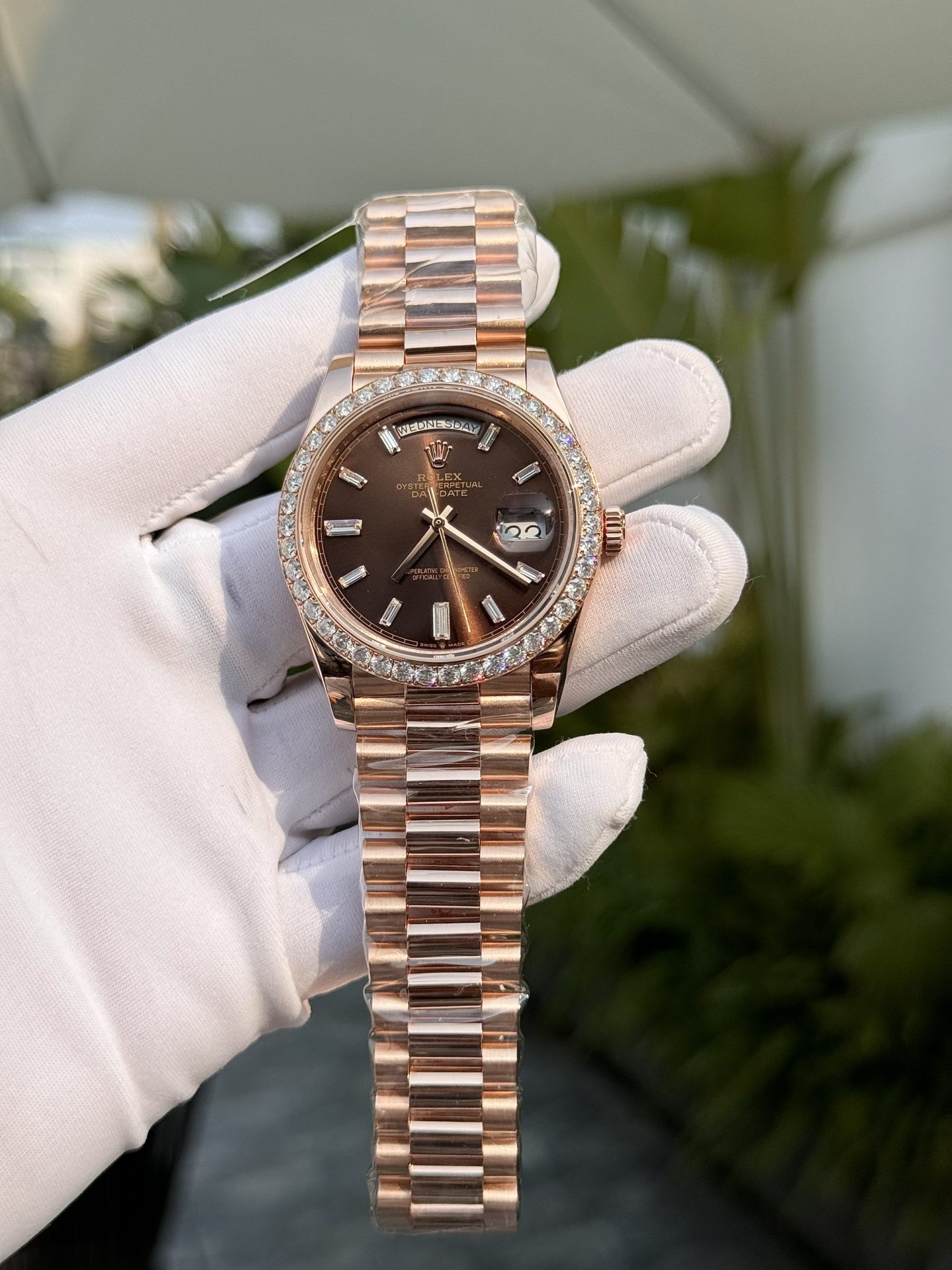 Rolex Replica Watch Day-Date Custom Gold Wrapped Moissanite Diamonds Dial Chocolate GM Factory 40mm - Elite Watch Atelier