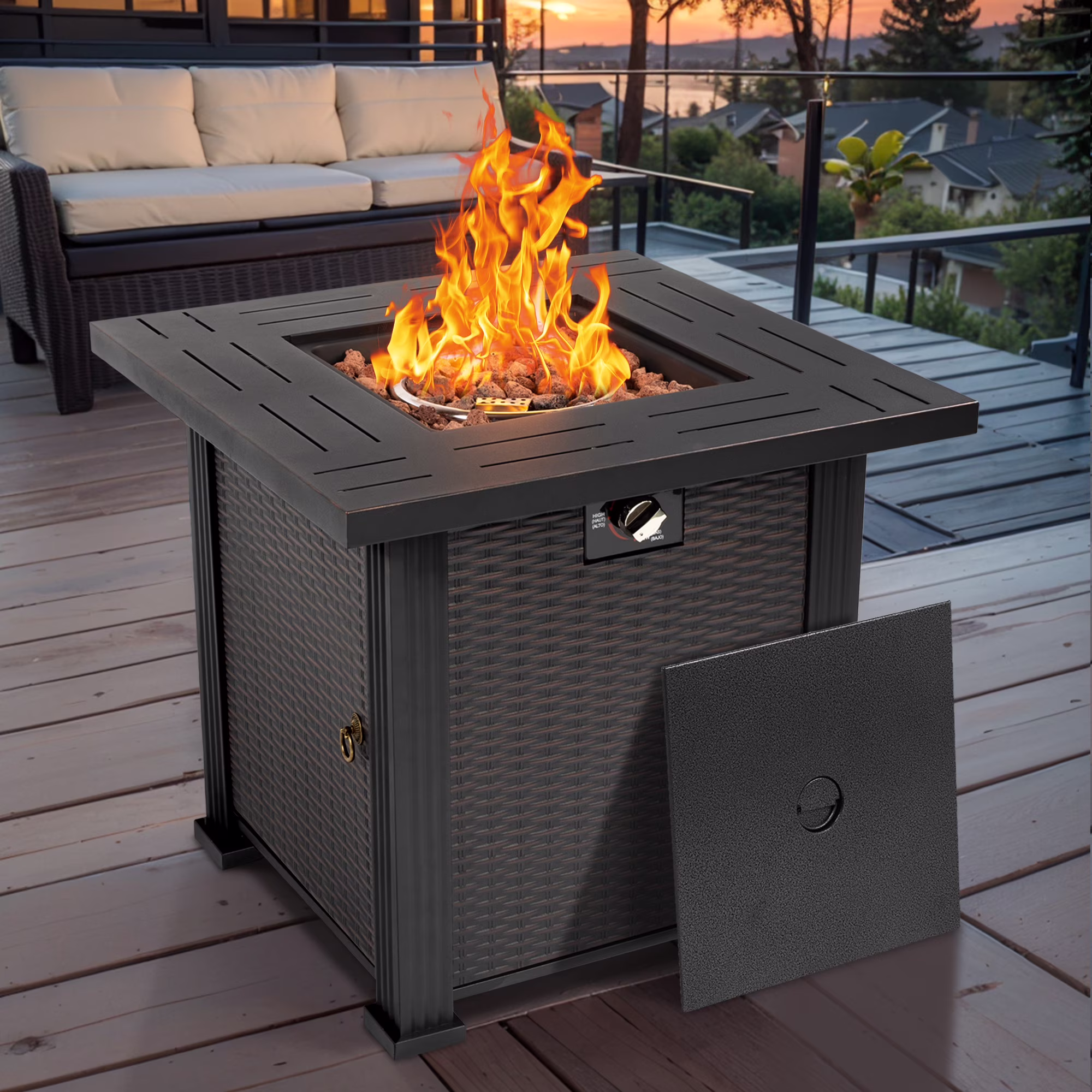 28" Fire Pit Table, Propane Fire Pit with Lid, Lava Rocks, 50000 BTU Outdoor Gas Fire Pit, Metal Square Propane Fire Pit for Outside Garden Backyard Deck Patio, Brown, LLL4008