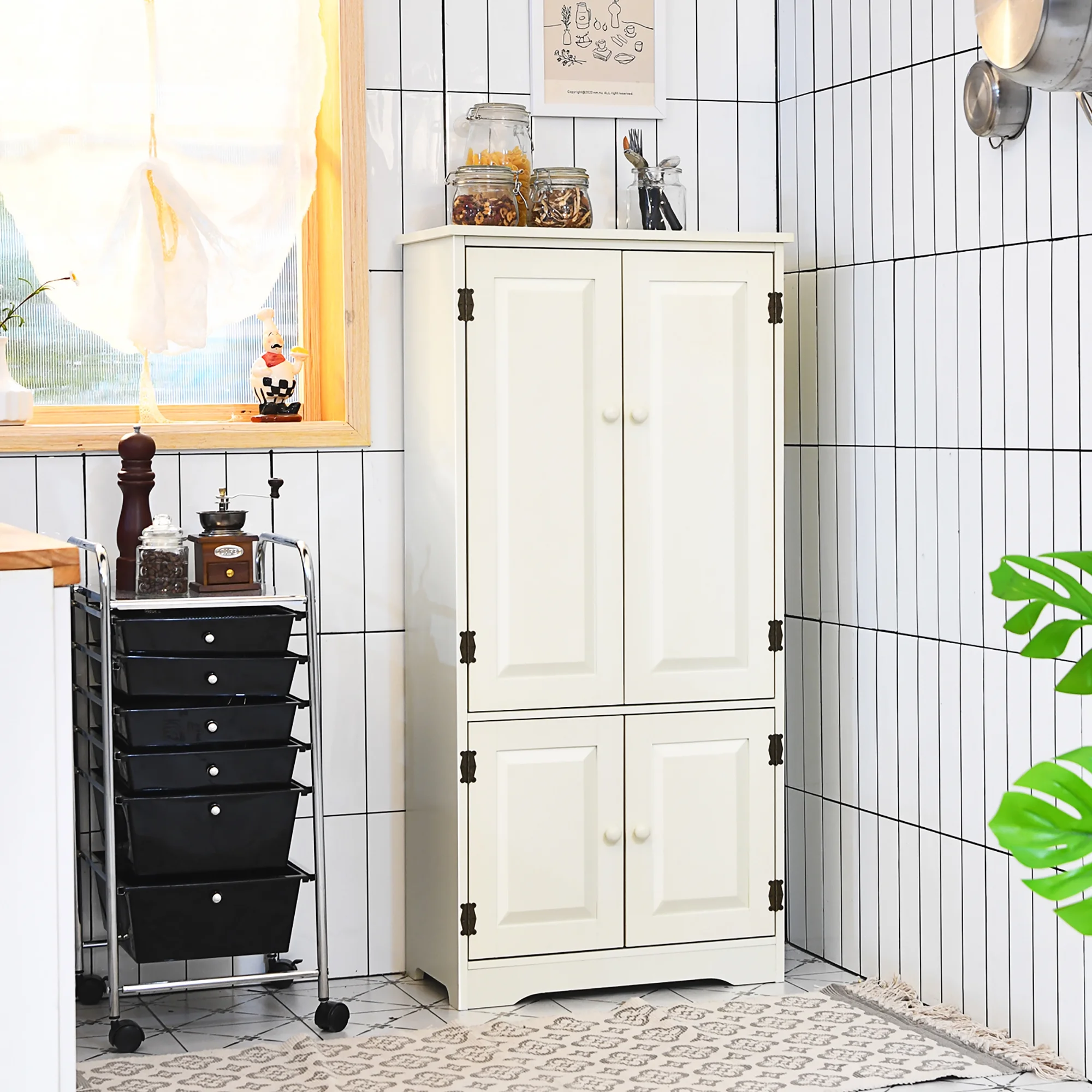 Costway Accent Floor Storage Cabinet W/ Adjustable Shelves Antique 2-Door Cream White - Image 6