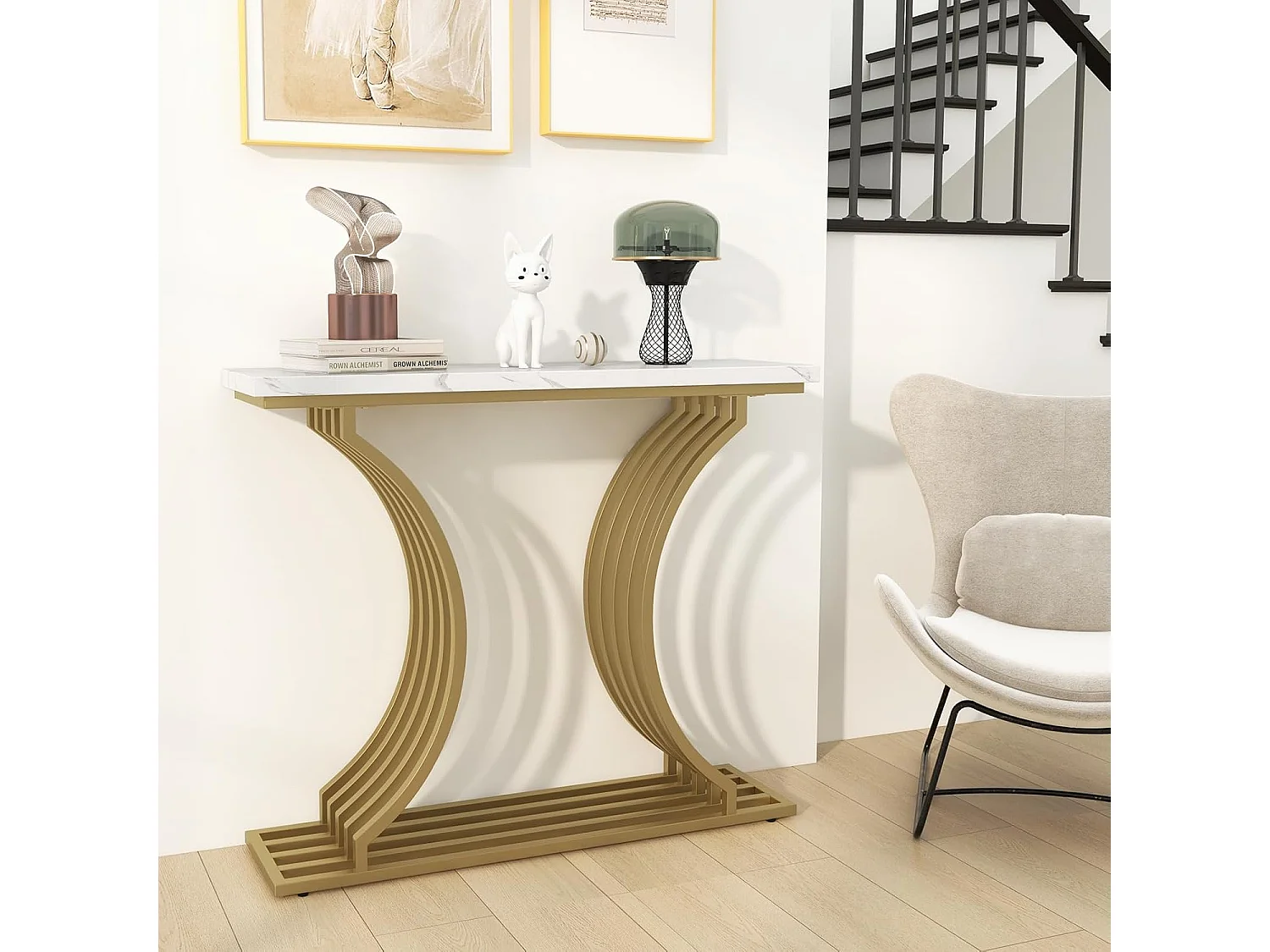 Table Console en Faux Marbre 100 cm, Console Entree Design Géométrique Moderne, Cadre en Métal Doré, Kit Anti-Basculement Inclus, 100 x 29,5 x 80,5 cm