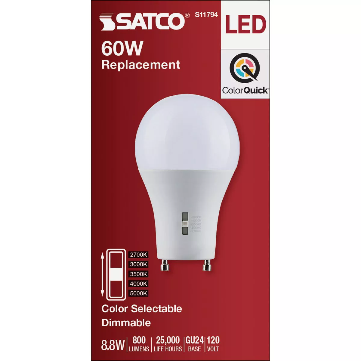 Satco 60W Equivalent 5CCT-Selectable A19 GU24 Base Dimmable Traditional LED Light Bulb