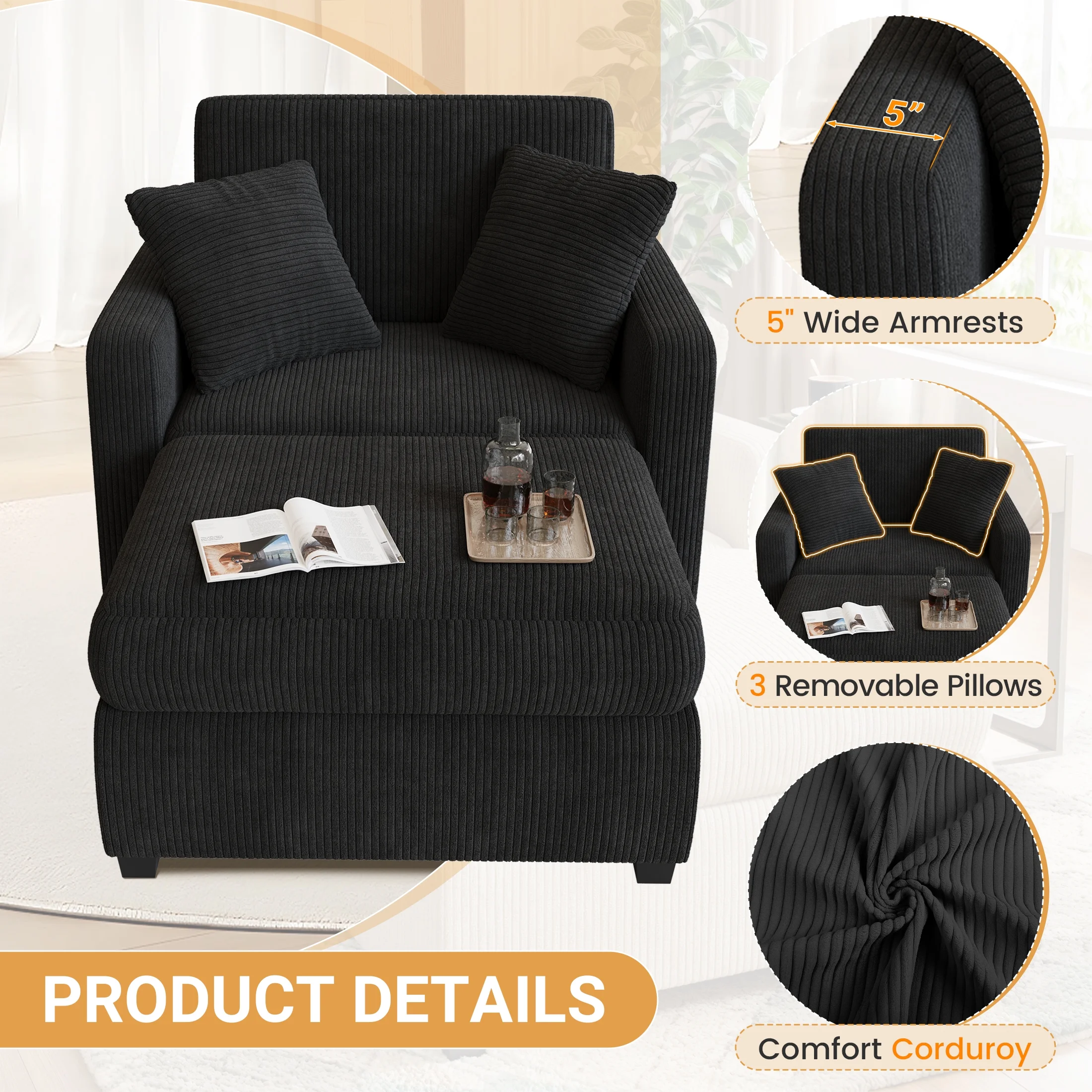LUMIHO Chaise Lounge Chair Indoor, 42" Sleeper Chair with Two Throw Pillows and Armrests, Corduroy Chaise Couch Chair with Ottoman for Living Room, Bedroom, Apartment, Green - Image 24