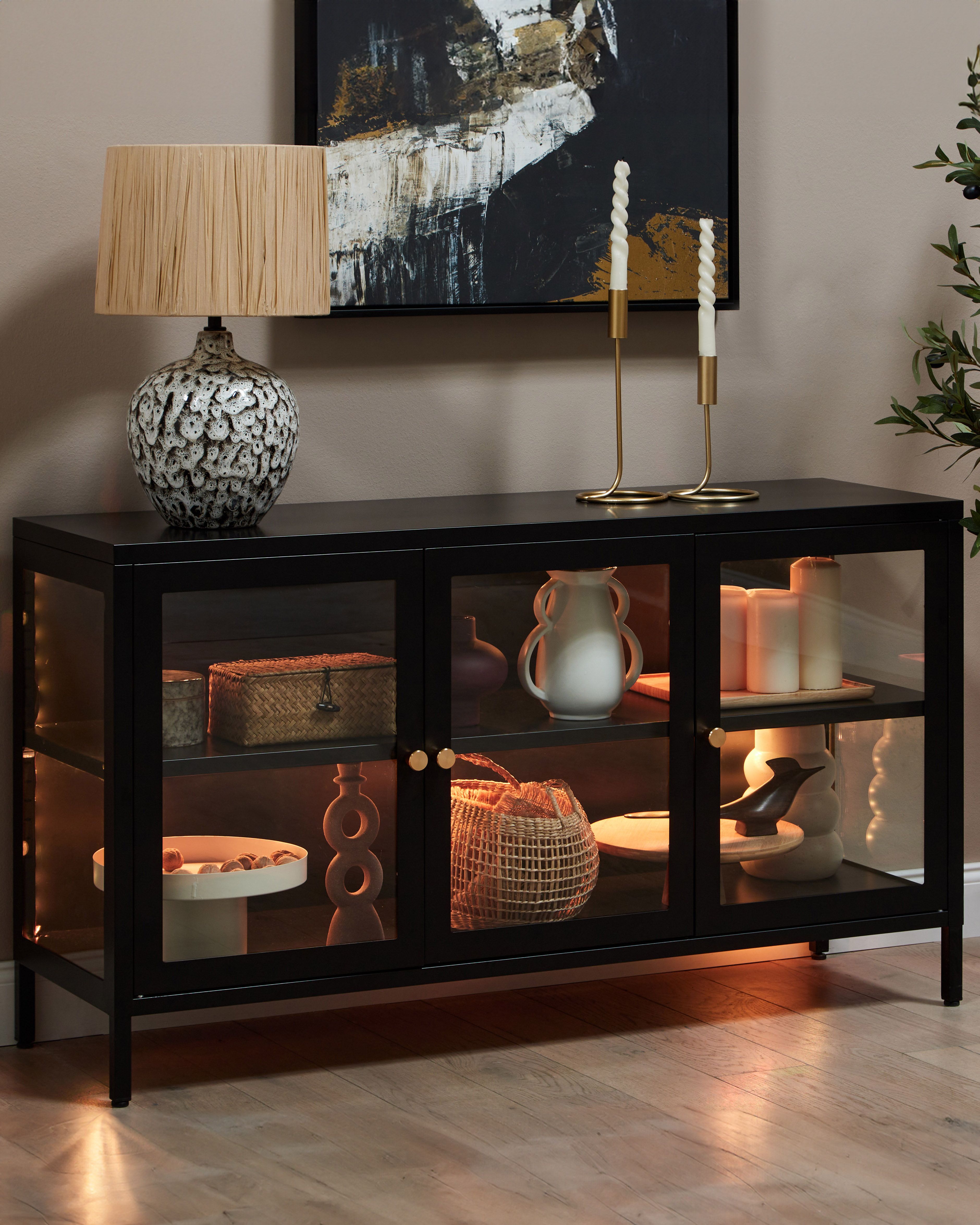 Glass Display Sideboard LED NEWPORT Metal 115 cm Black