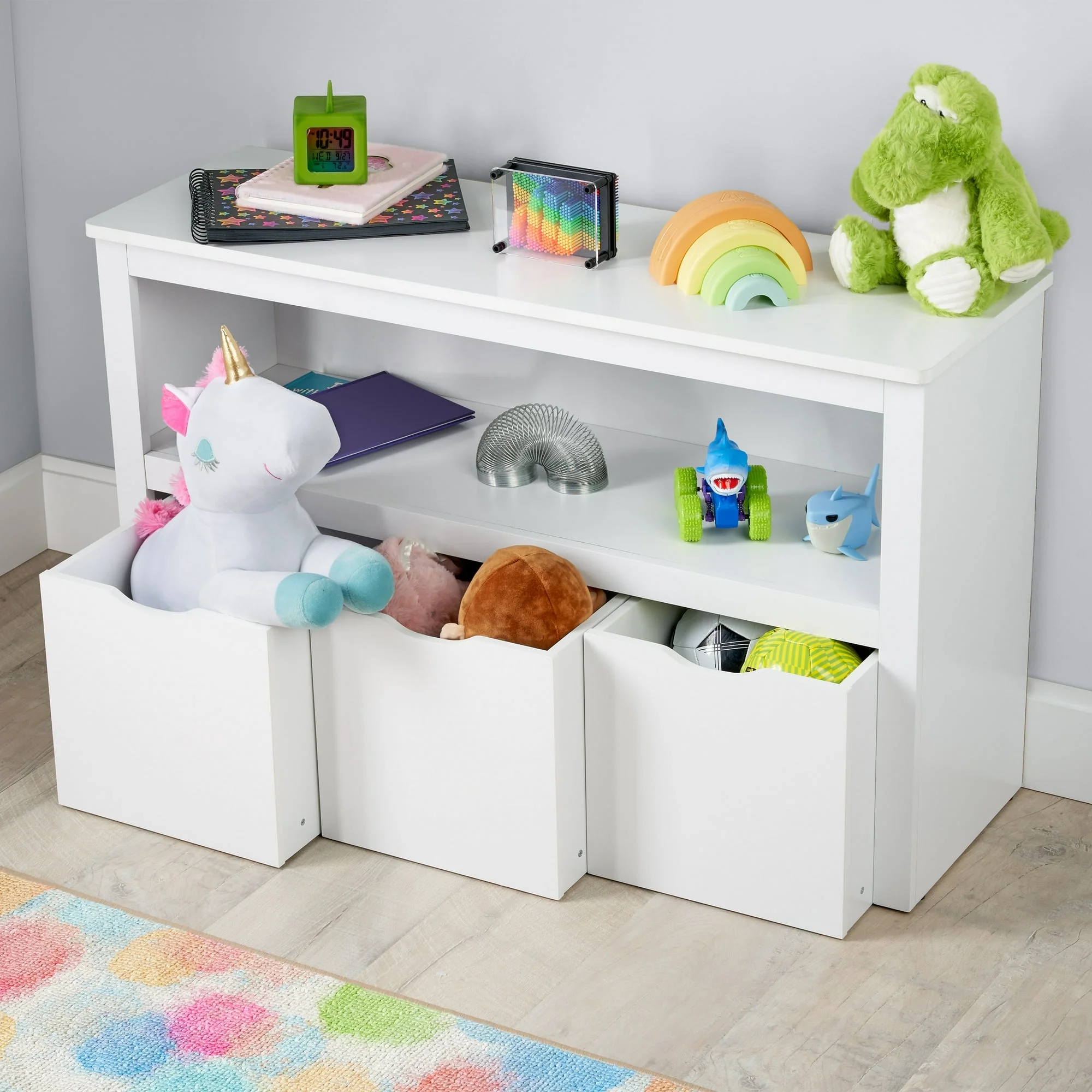 Your Zone Kids Toy Storage Cabinet with Three Rolling Bins, White Finish