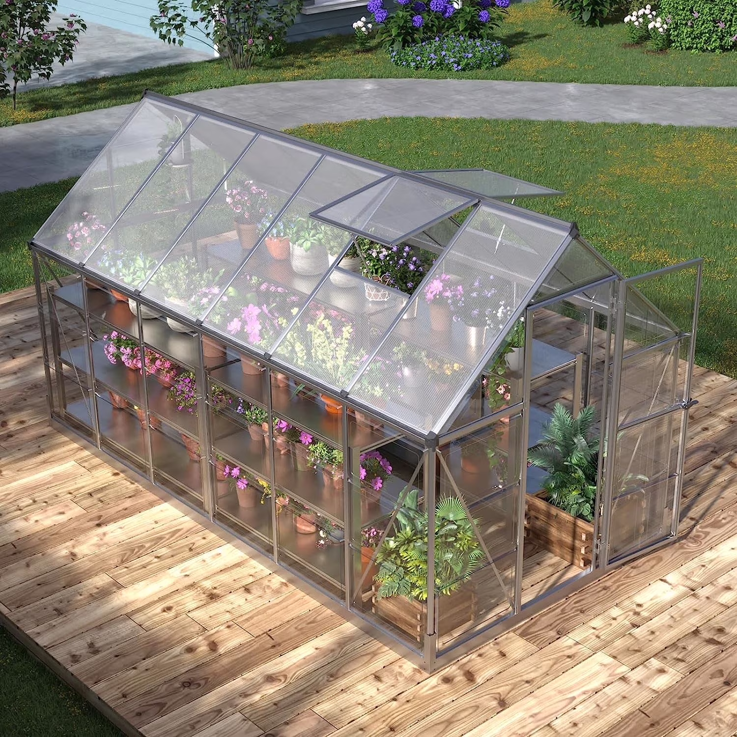 Jocisland 8x8x7 FT Polycarbonate Walk-In Greenhouse with Aluminum Frame, 2 Top-Opening Windows & 2 Swing Doors, Heavy Duty for Outdoor Garden Use, Black - Image 3