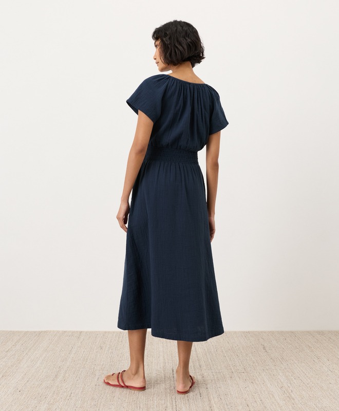 Organic Coastal Double Gauze Boho Midi Dress - Navy