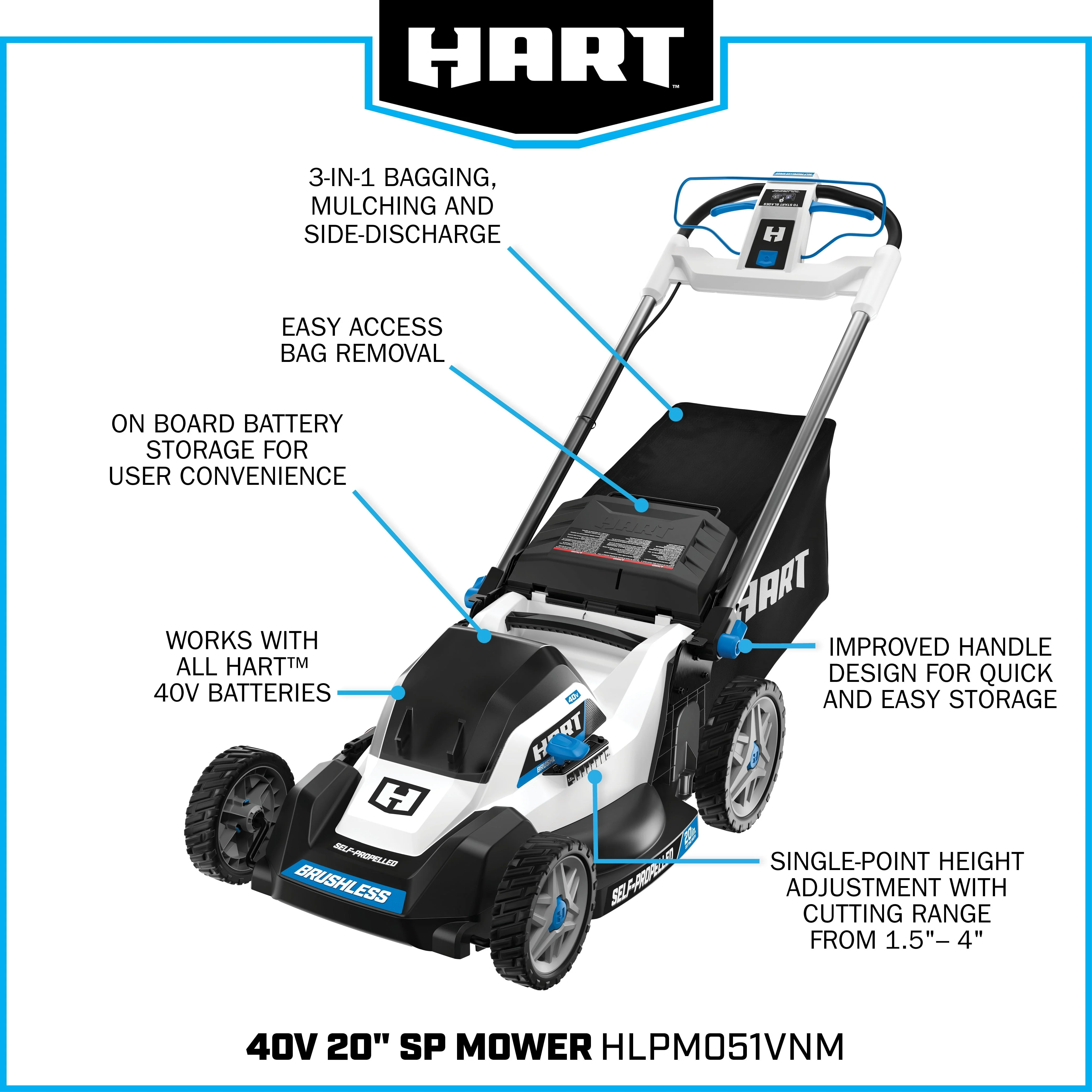 HART 40-Volt 20-inch Self-Propelled Battery-Powered Brushless Mower Kit, (1) 6.0Ah Lithium-Ion Battery - Image 12