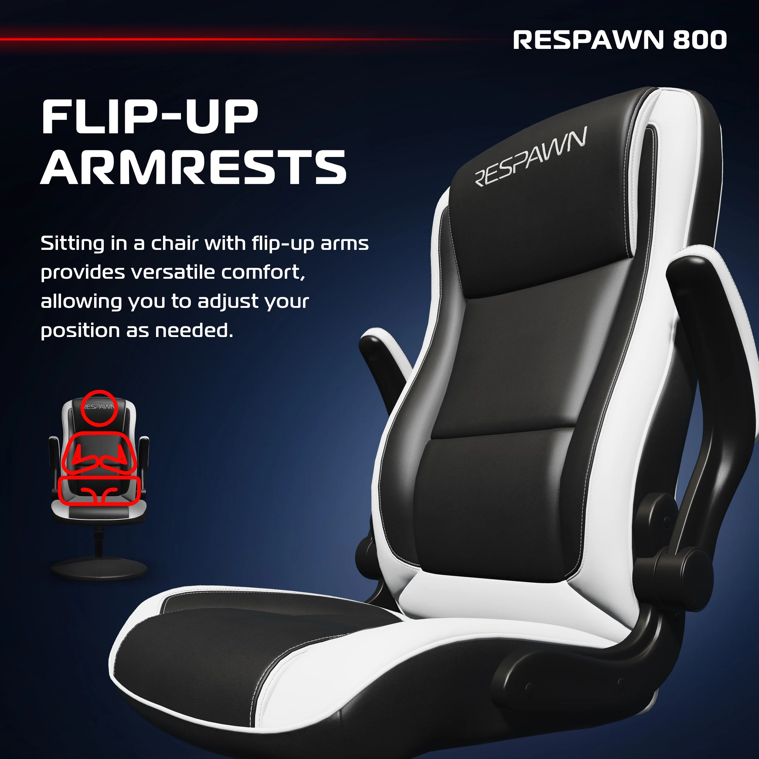 RESPAWN 800 Swivel Rocker Gaming Chair - Ergonomic Floor Gaming Seat with Lumbar Support, Flip Up Armrest, High Back, Pedestal Base, Comfortable No Wheels Console Video Game Rocker Chair - Red - Image 30