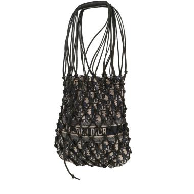 Dior handbag in navy blue and beige monogram canvas Oblique and black leather