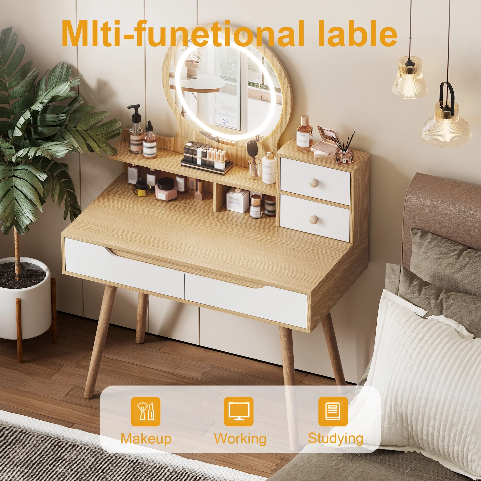 Montary Modern Mini Vanity w/Adjustable LED Mirror + Hidden Storage, Padded Stool & Dustproof Shelves (White) - Image 144