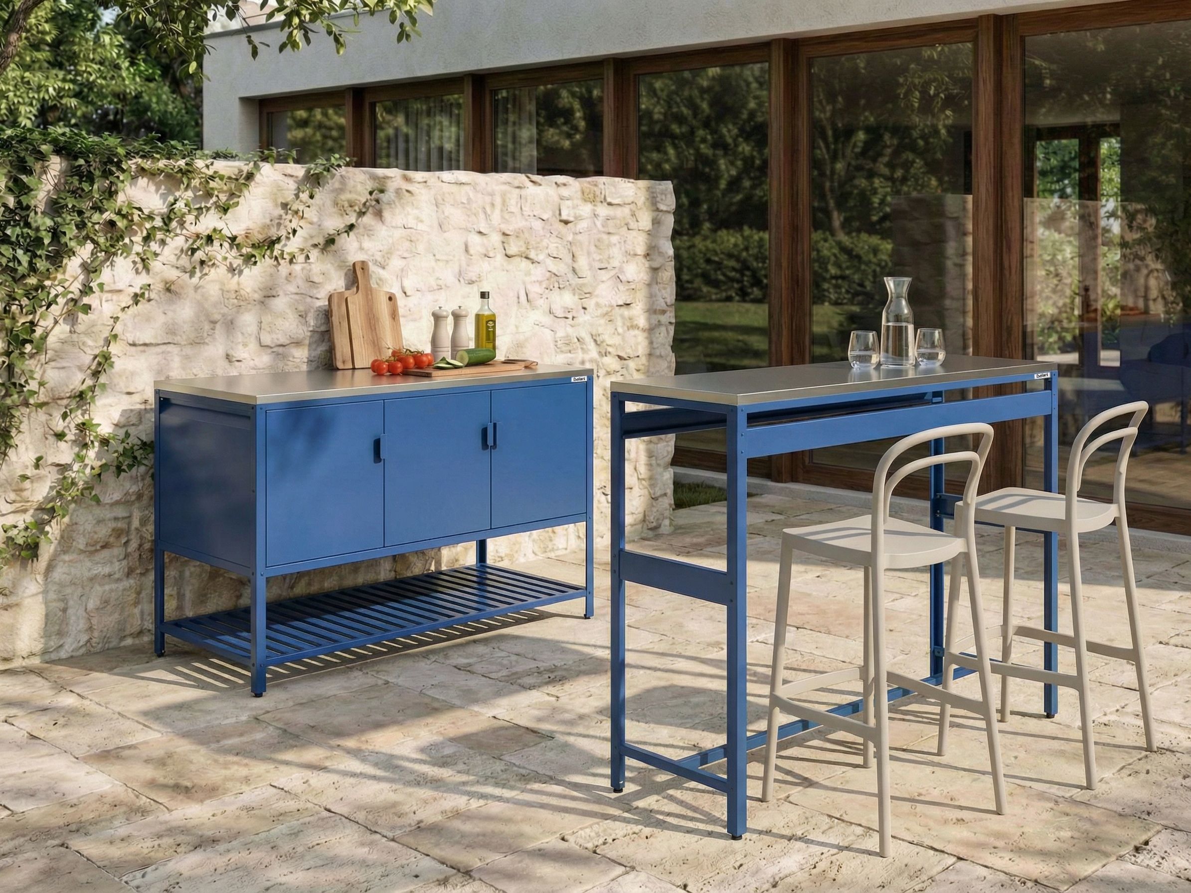 2 Piece Outdoor Kitchen Set with Bar Table MAENZA Metal Blue