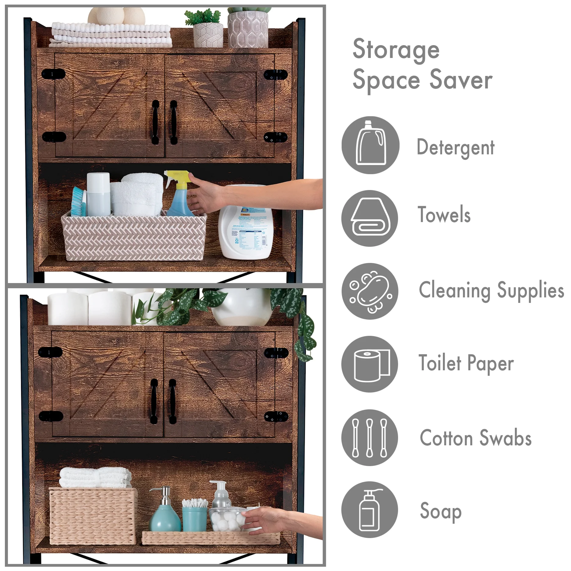 Stephan Roberts Over The Toilet Bathroom and Laundry Organizer and Storage Rack Height Adjustable Shelf, Wood