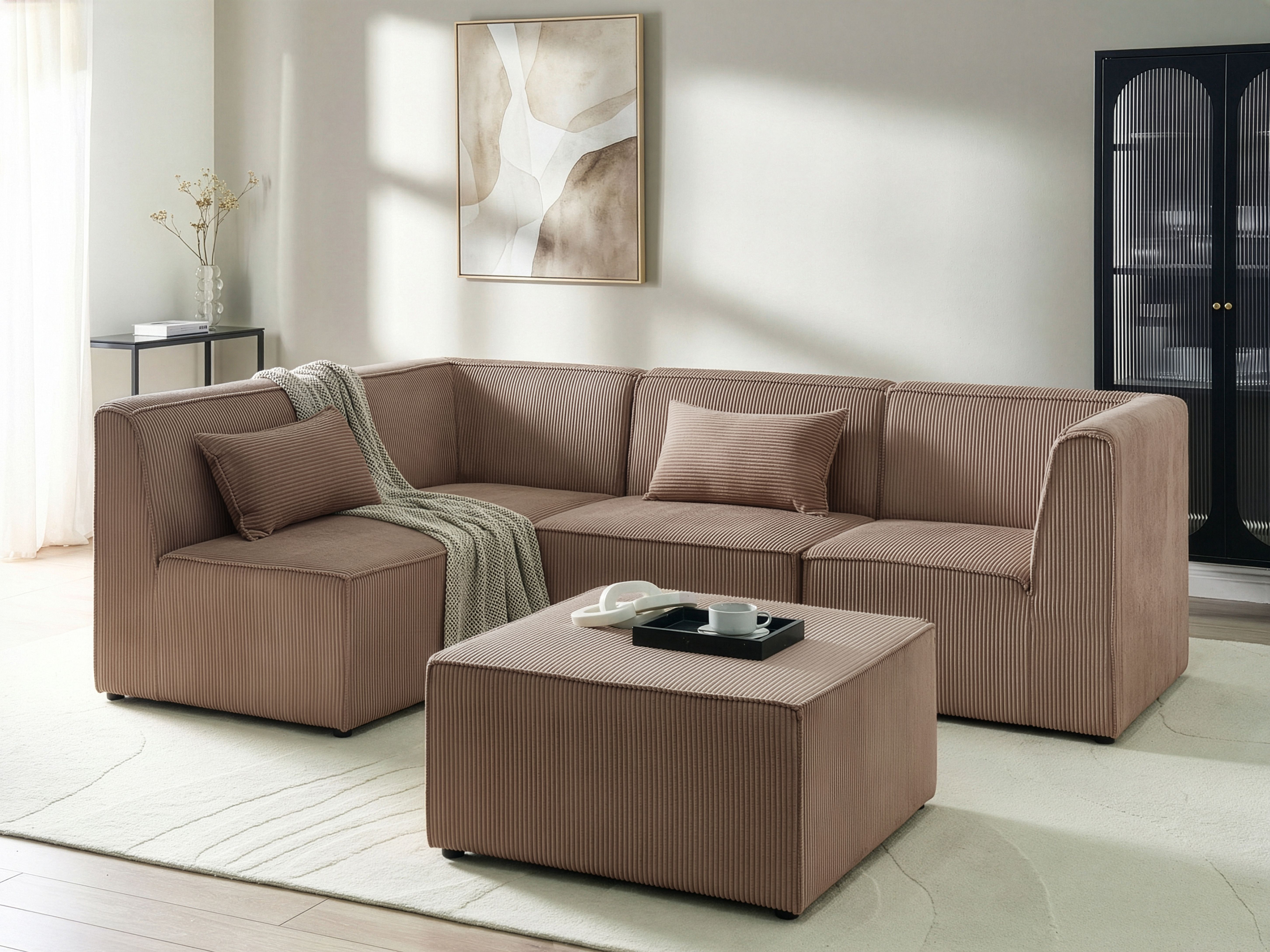 Modular Corner Sofa 4 Seater LEMVIG Corduroy Sand Beige with Ottoman Right Hand