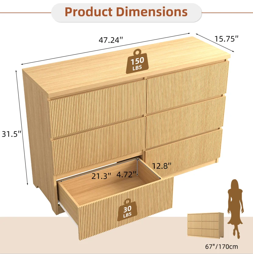 Fluted 6 Drawers Dresser, Wide Modern Chest of Drawers, Curved Profile Design, Dresser TV Stand, Wood Drawer Organizer for Bedroom, Living Room, Hallway - Image 13