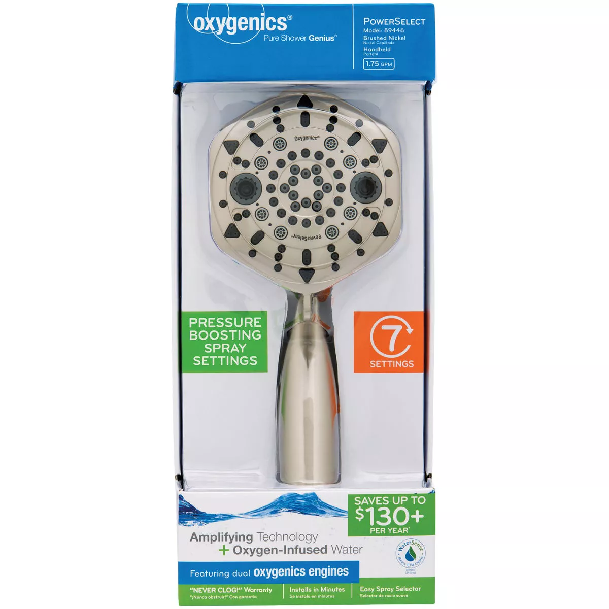 Oxygenics PowerSelect 7-Spray 1.75 GPM Handheld Shower Head, Brushed Nickel