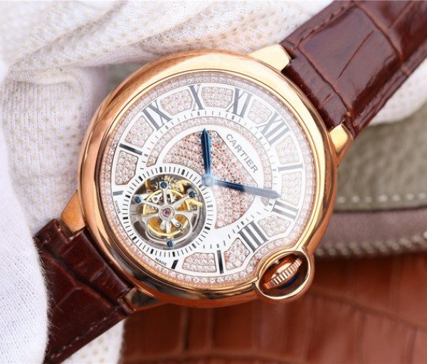 Replica Cartier Ballon Bleu de Cartier Tourbillon RG Leather Strap Diamonds Dial - Elite Watch Atelier