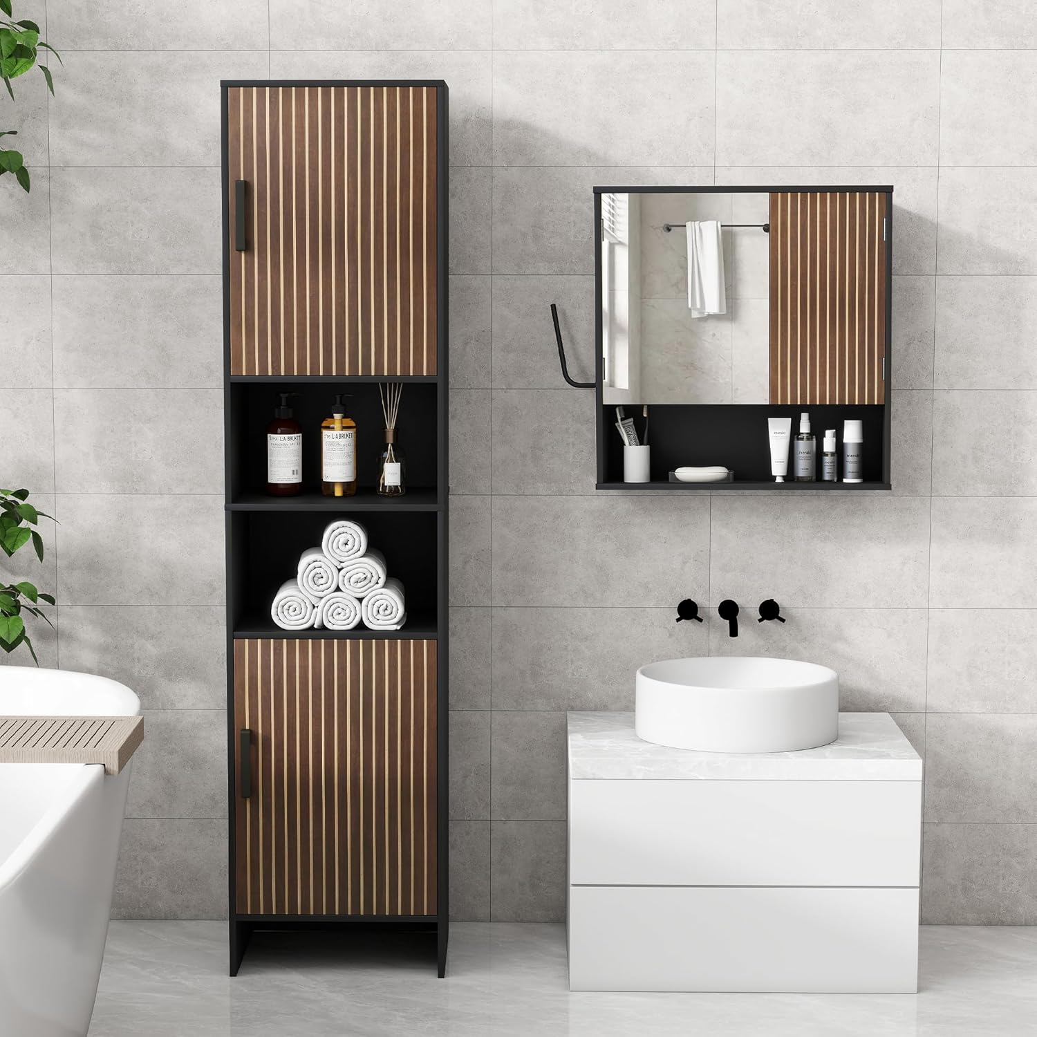 Tall Storage Cabinet, 13.15 Inch Narrow Bathroom Cabinet with USB Magnetic Light, Open Shelf, Magnetic Doors, 2 Adjustable Shelves, Anti-Tip Kit for Small Spaces, Living Room, Black, 57.1