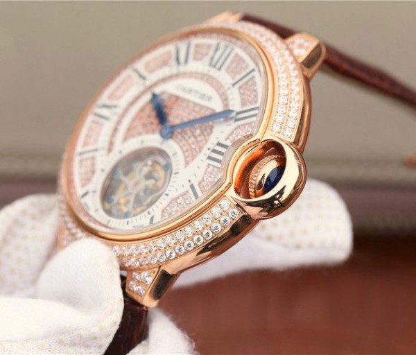 Replica Cartier Ballon Bleu de Cartier Tourbillon RG Full Paved Diamonds Leather Strap - Top club