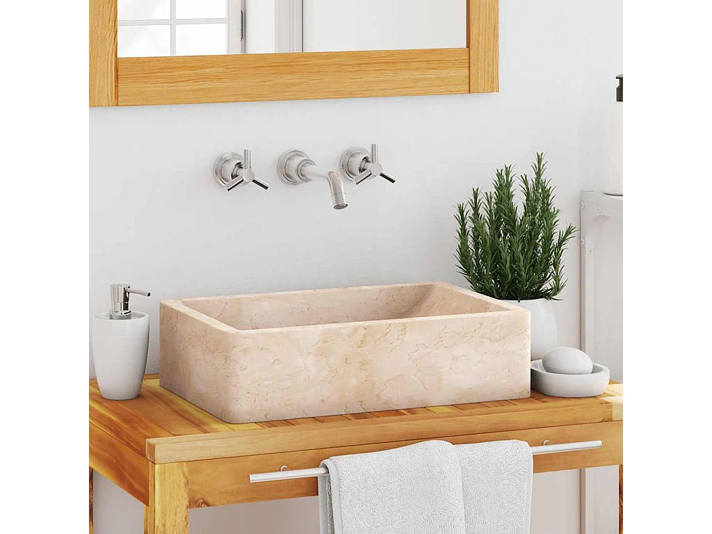 Lavabo salle de bain-Vasque à poser 45x30x12 cm marbre crème brillant