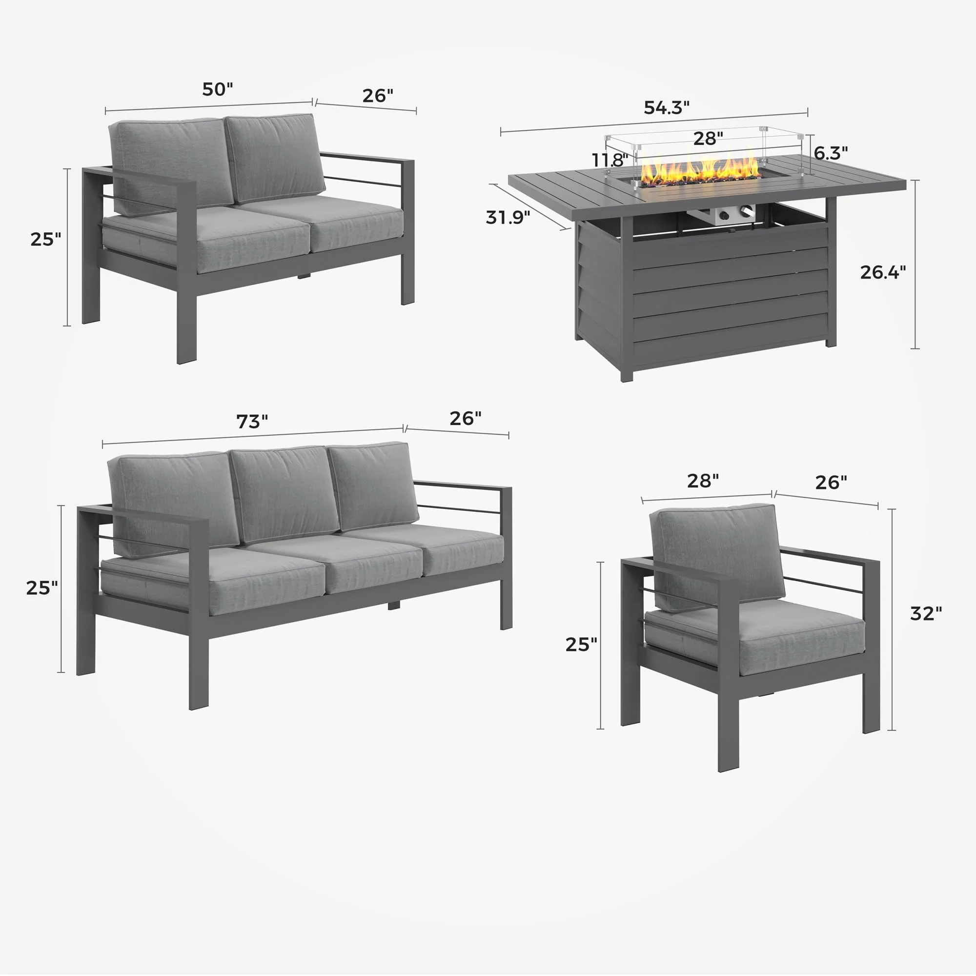 CozyHom 5 Pcs Outdoor Patio Aluminum Furniture Sofa Sets, Outside Patio Conversation Couch Sets With Table&Cushions for Garden Porch, Gray - Image 63