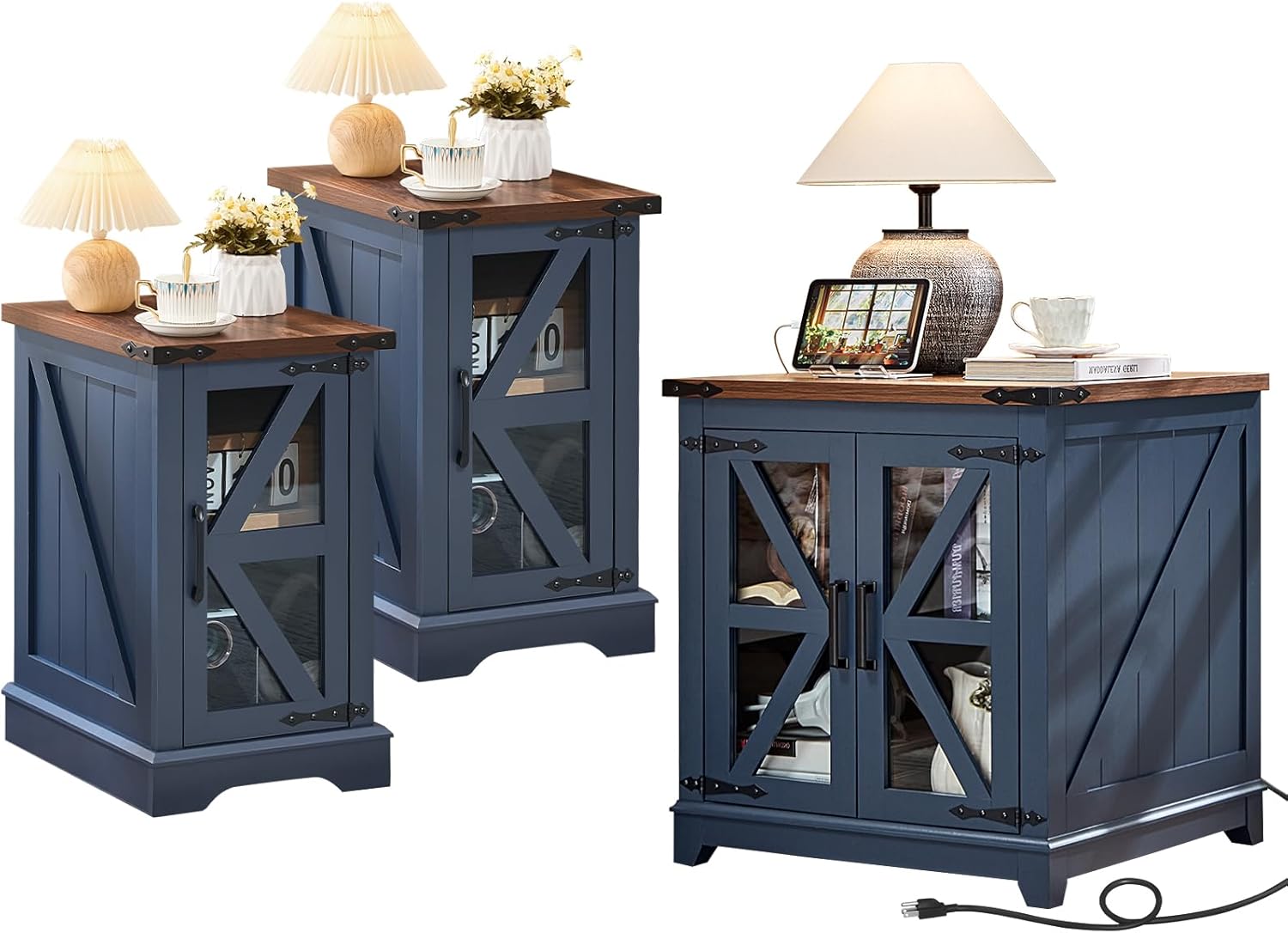 Farmhouse End Table Set 3, Narrow 18'' Night Stand with Glass Barn Door, 24
