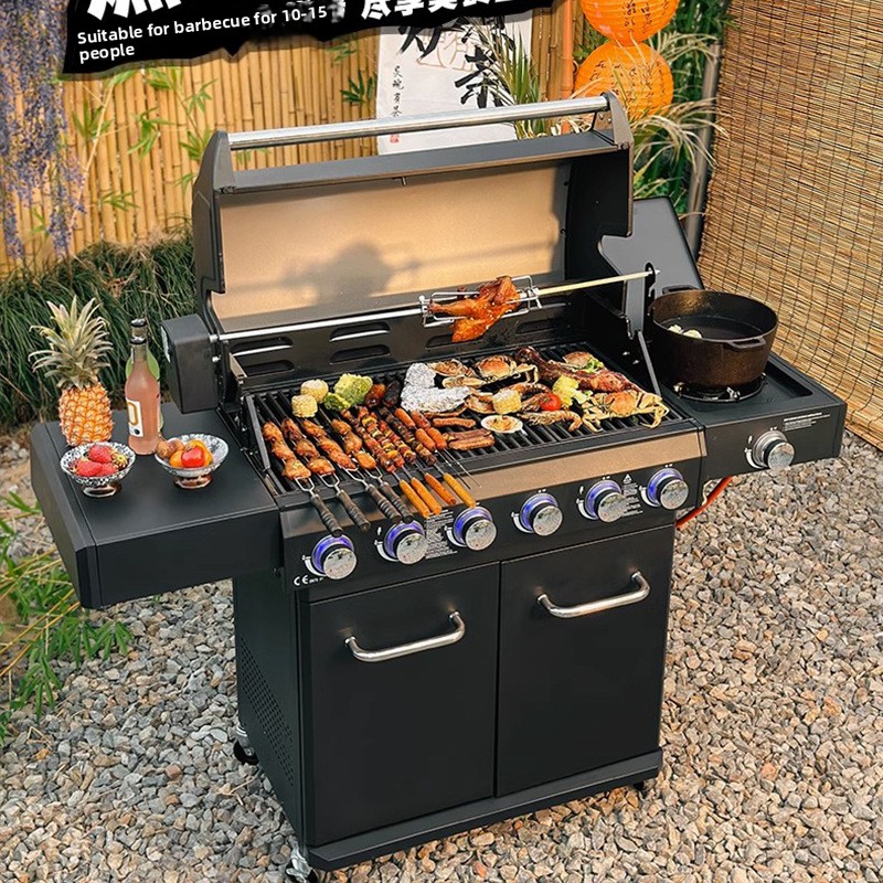 YISHU American Style Propane BBQ Grill Charcoal Oven Powder Coated Stainless Steel 6-Burner Flame Safety Device Easily Assembled