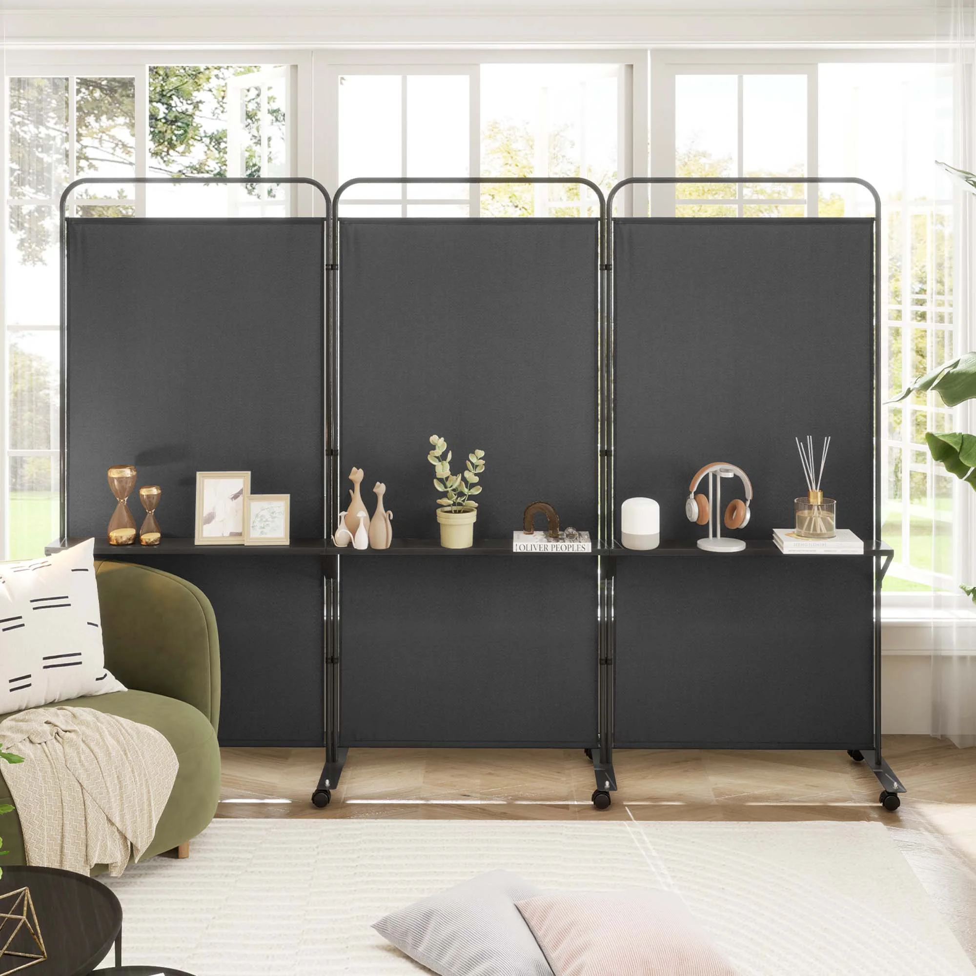 Costway 3-Panel Room Divider with Storage Shelves 6FT Tall Folding Privacy Screen on Wheels Black