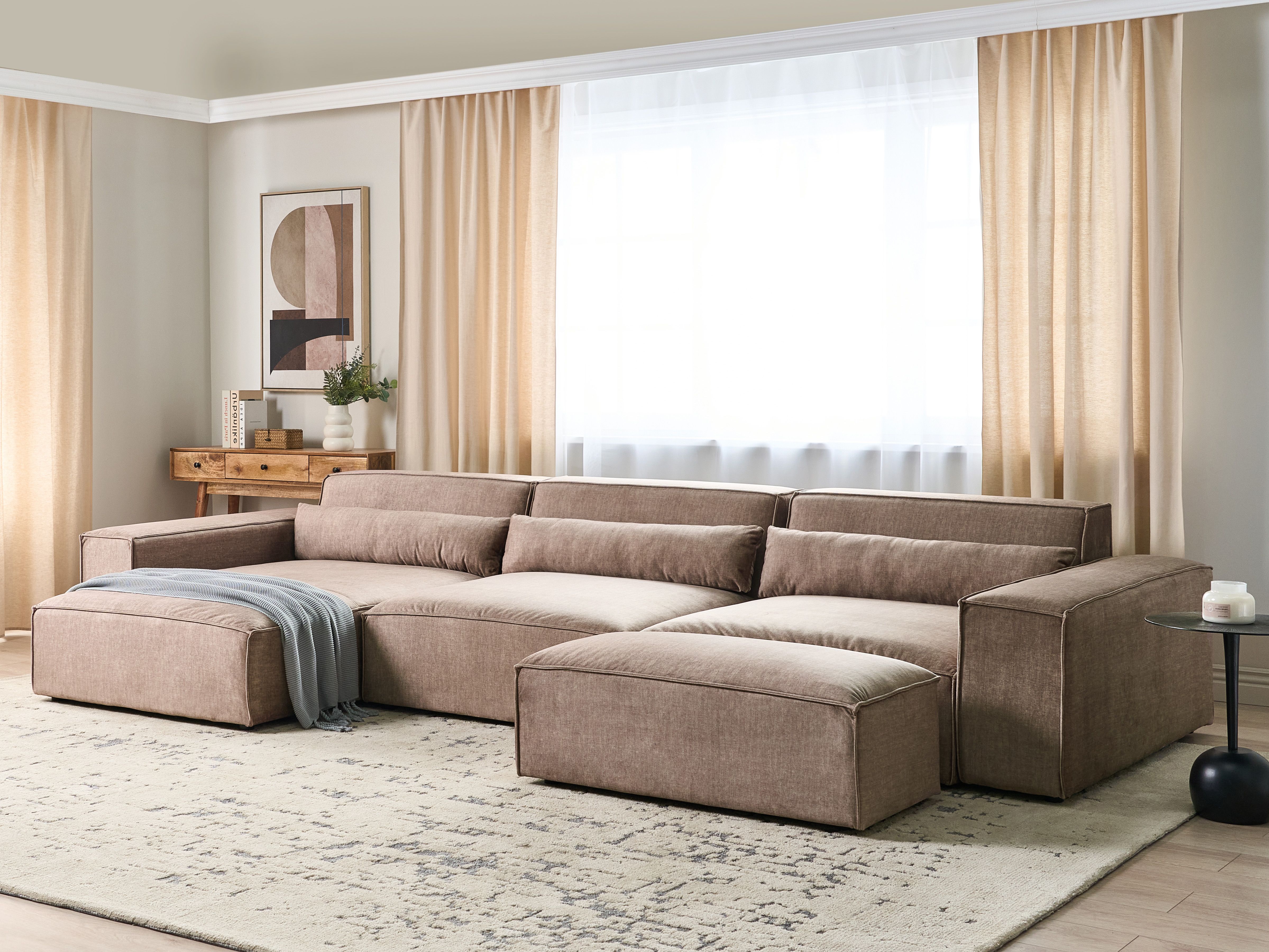 Modular Corner Sofa 5 Seater HELLNAR Fabric Light Brown with Ottoman Right Hand