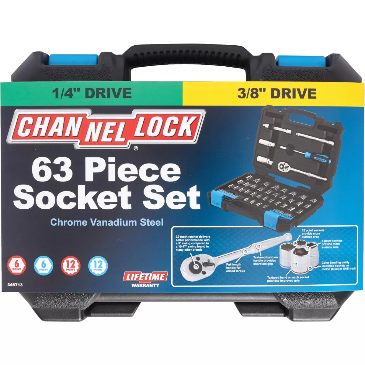 Channellock SAE/Metric 1/4 In. & 3/8 In. Drive Combination Ratchet & Socket Set (63-Piece)