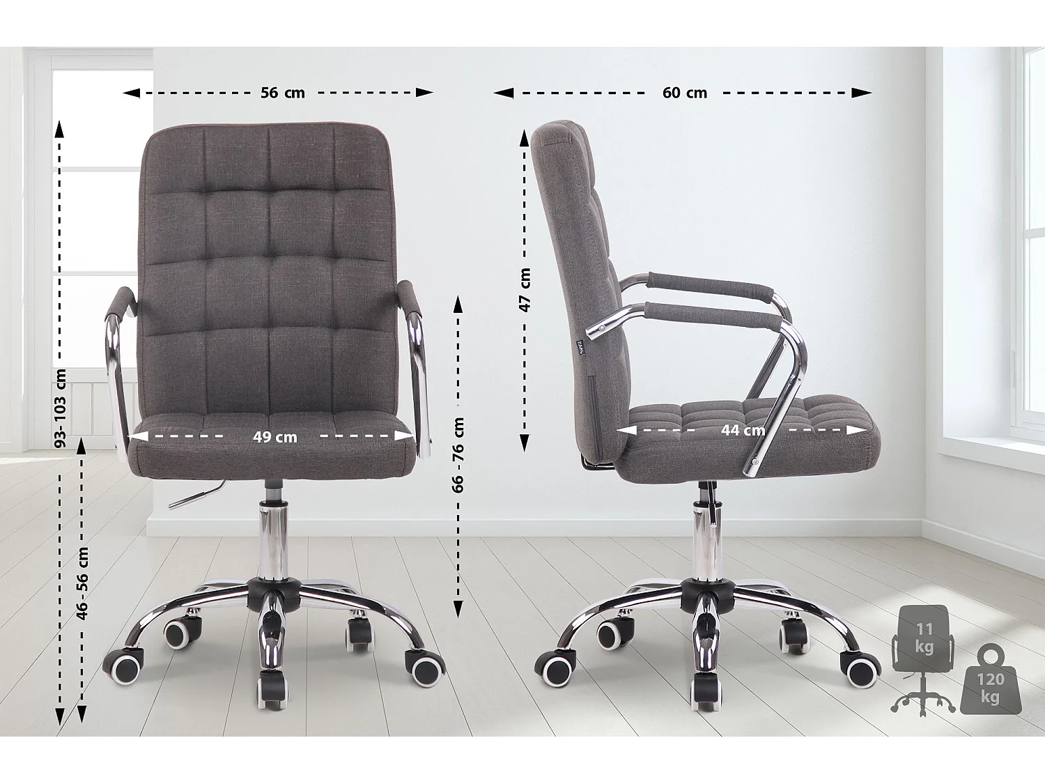 Chaise de bureau - Tissu & Métal chromé - Gris foncé - Terni