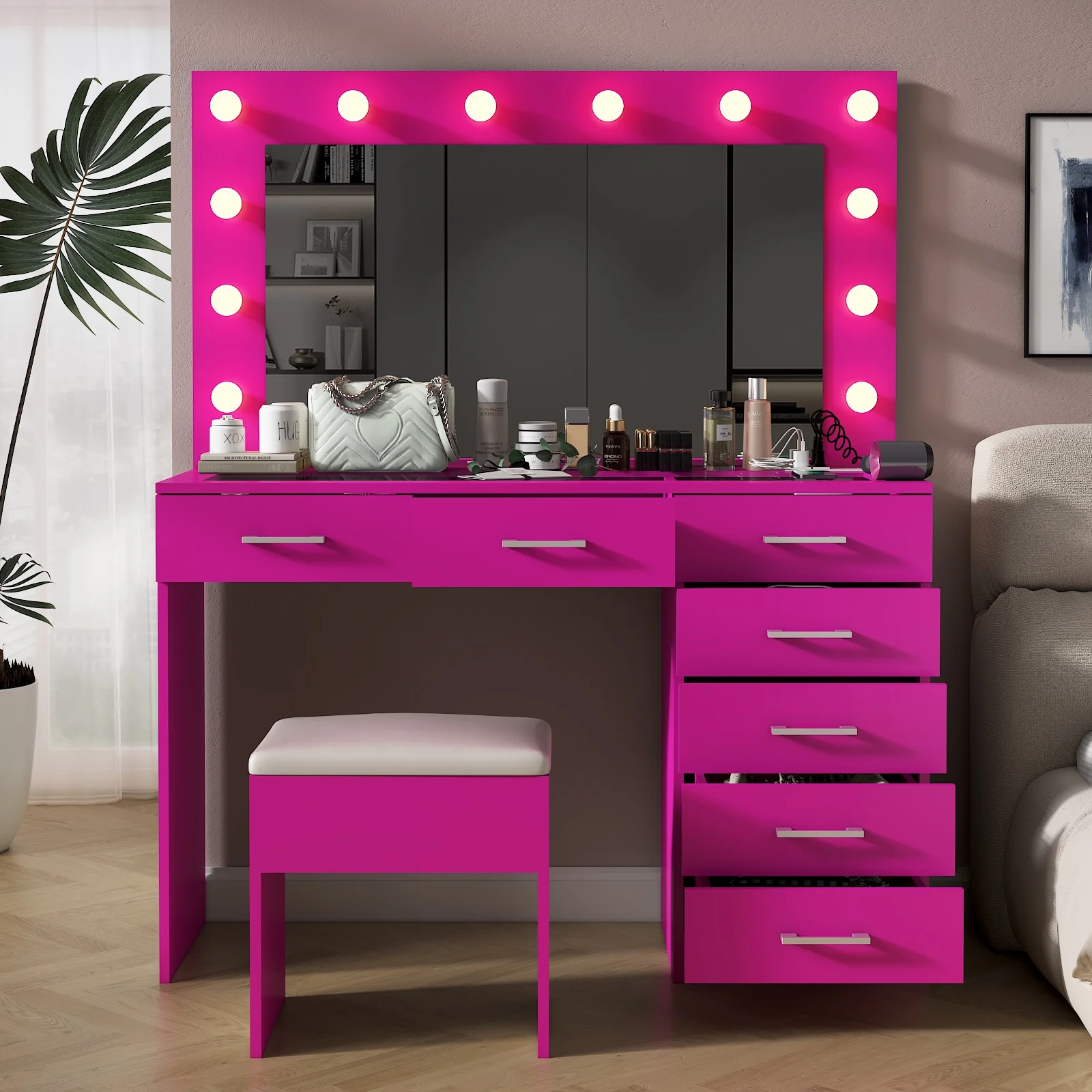 Ktaxon Large Makeup Vanity, Vanity Table Set w/ Visible Glass Top w/ Charging Station, White - Image 65