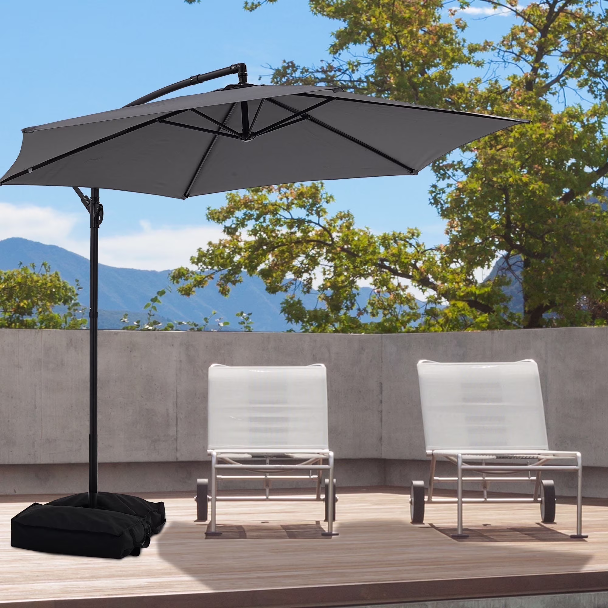 Ainfox 10ft Cantilever Patio Umbrella with Lights, Offset Market Umbrella with Sandbags Weighted Base and Cross Base,Khaki - Image 7