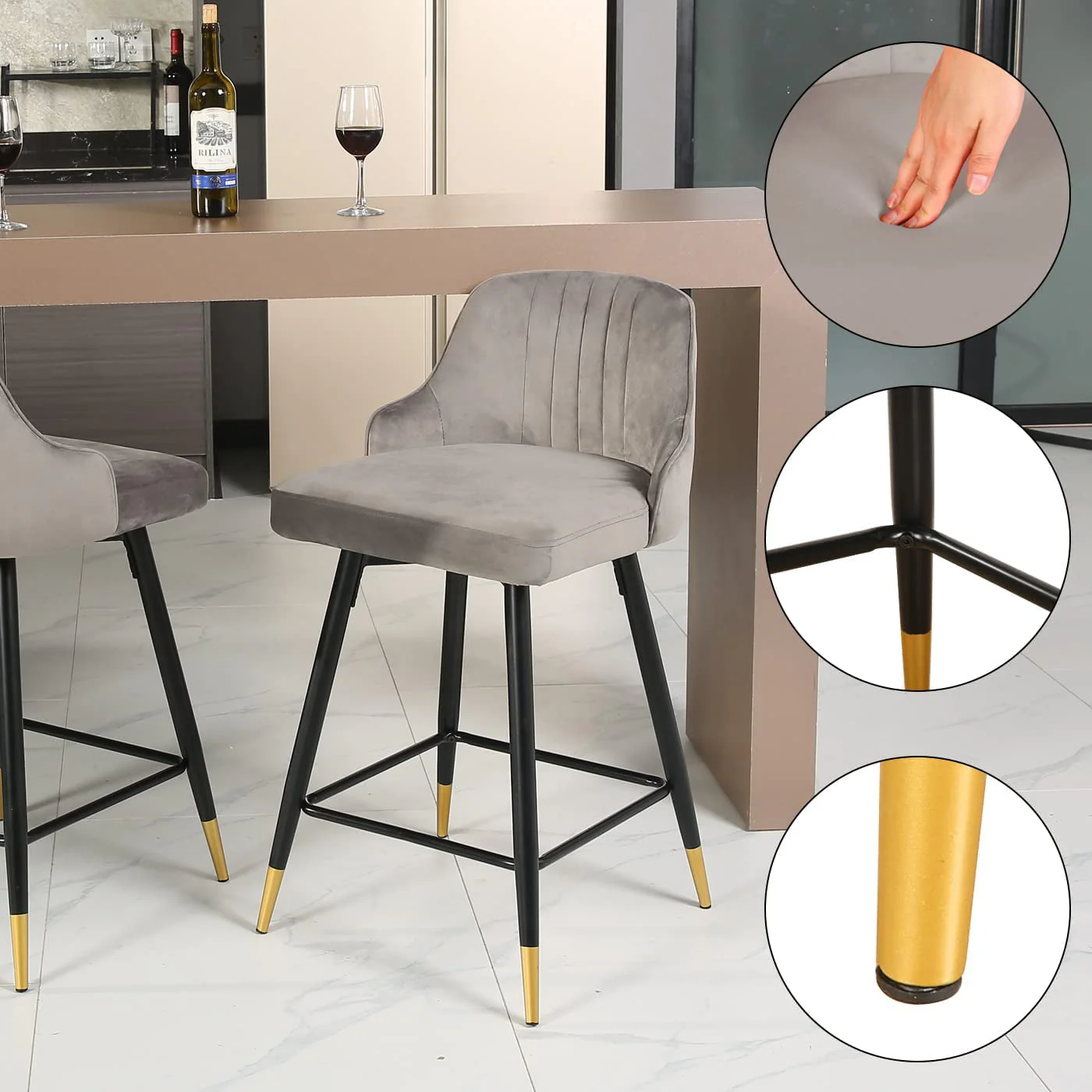 EiweLive 25'' Swivel Bar Stools with Back Set of 4, Gray Velvet Counter Height Stools for Kitchen Island, Pub - Image 4
