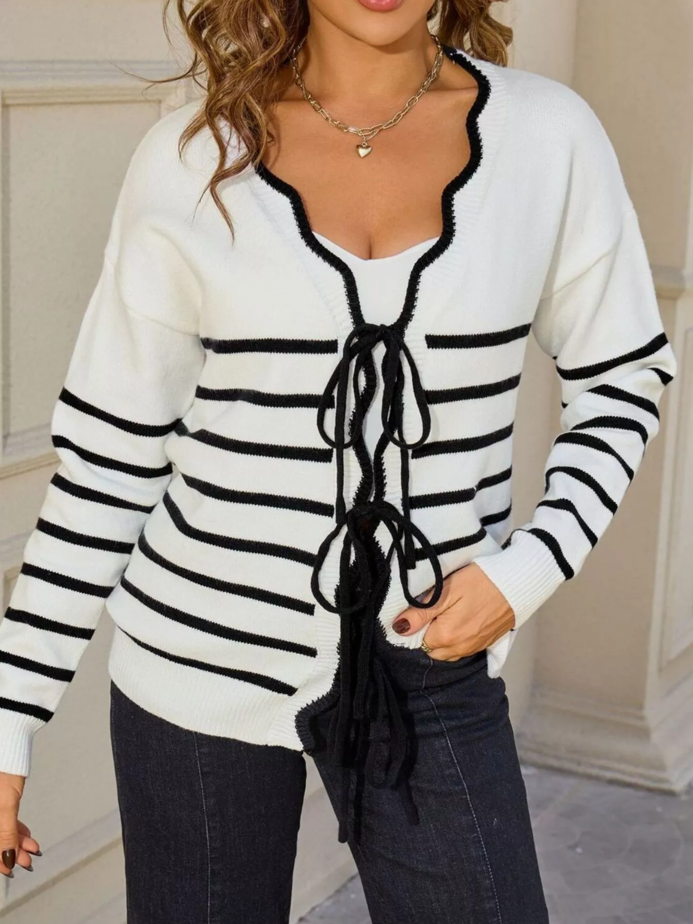 Striped Tie Front Knit Cardigan - ZKZOOK