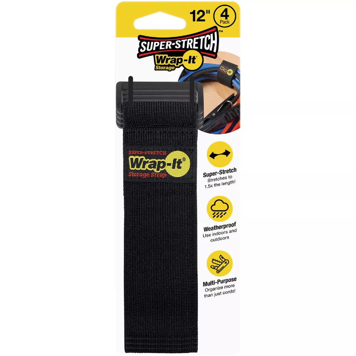 Wrap-It Storage Super-Stretch 12 In. x 2 In. Elastic Hook & Loop Cinch Straps (4-Pack)