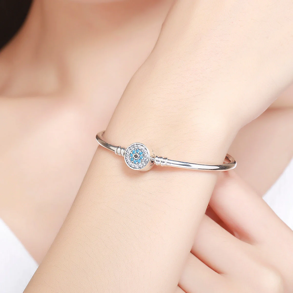 High Quality Authentic S925 Blue Evil Eyes Clear CZ Snake Chain Charm Bangle & Bracelet