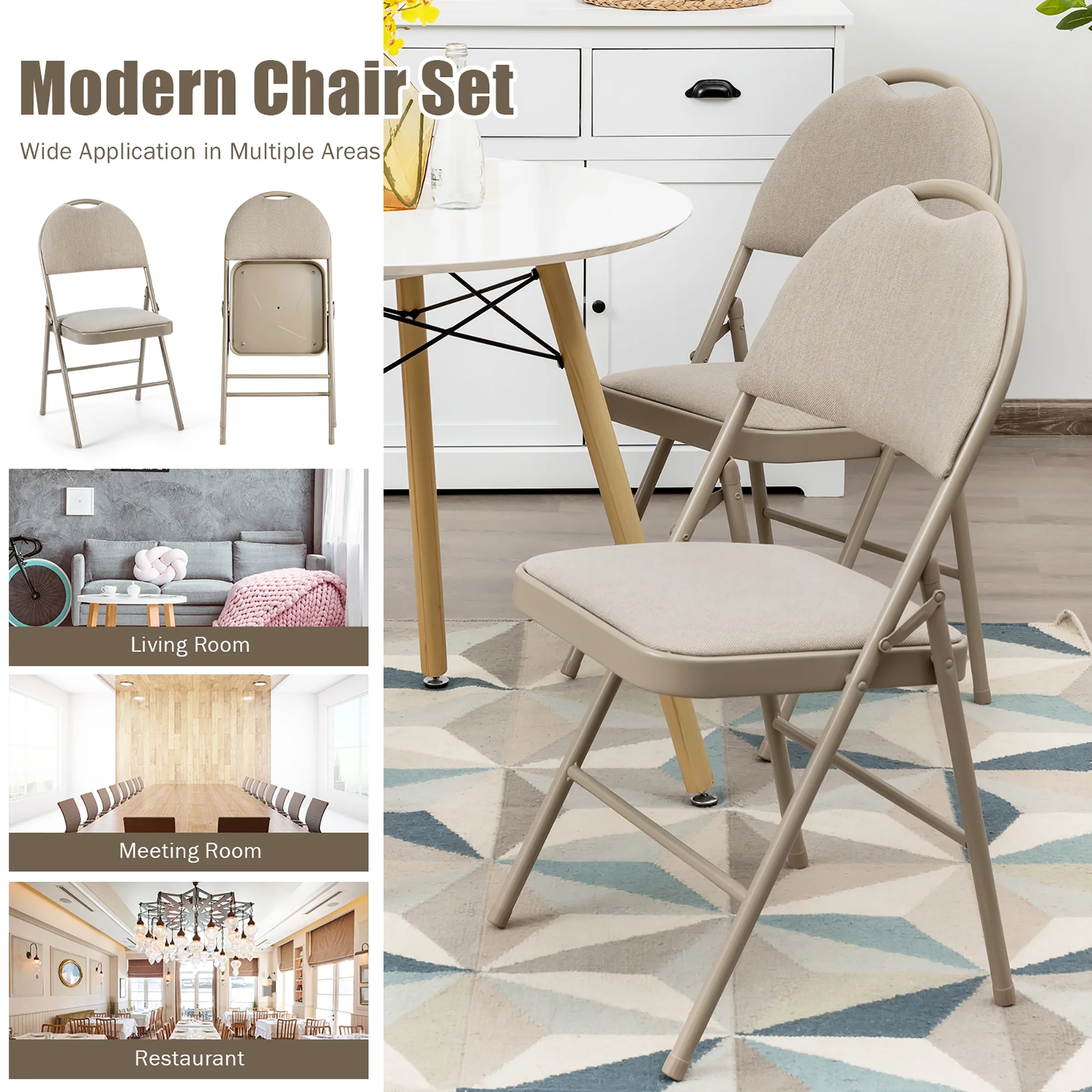 Costway Set of 6 Folding Chairs Fabric Upholstered Padded Seat Metal Frame Home Office Beige - Image 6