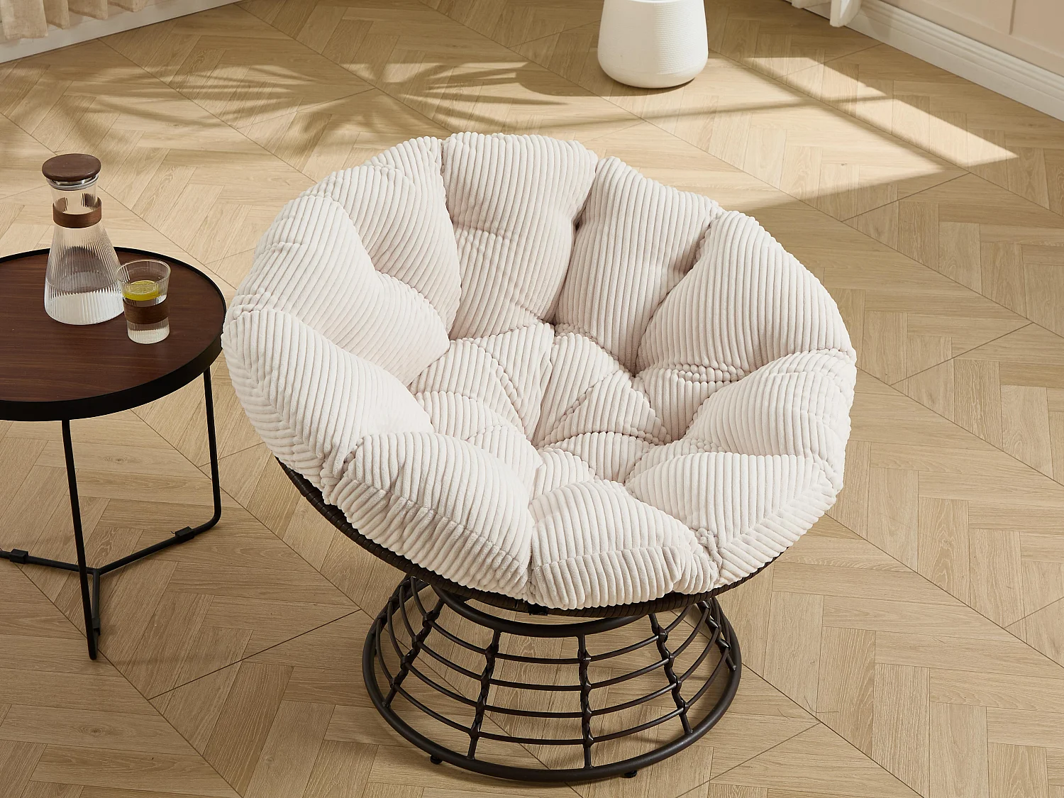 Fauteuil lounge papasan style bohème, pivotant 360° forme œuf en rotin PE avec coussin épais pour salon et balcon