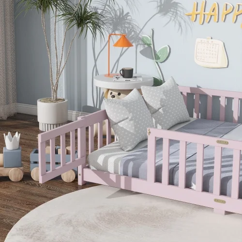 Bellemave Full Size Floor Bed with Door and Fence Floor Bed with Bed Slats Sturdy Wood Floor Bed Montessori Bed Frame (Full, Pink) - Image 7