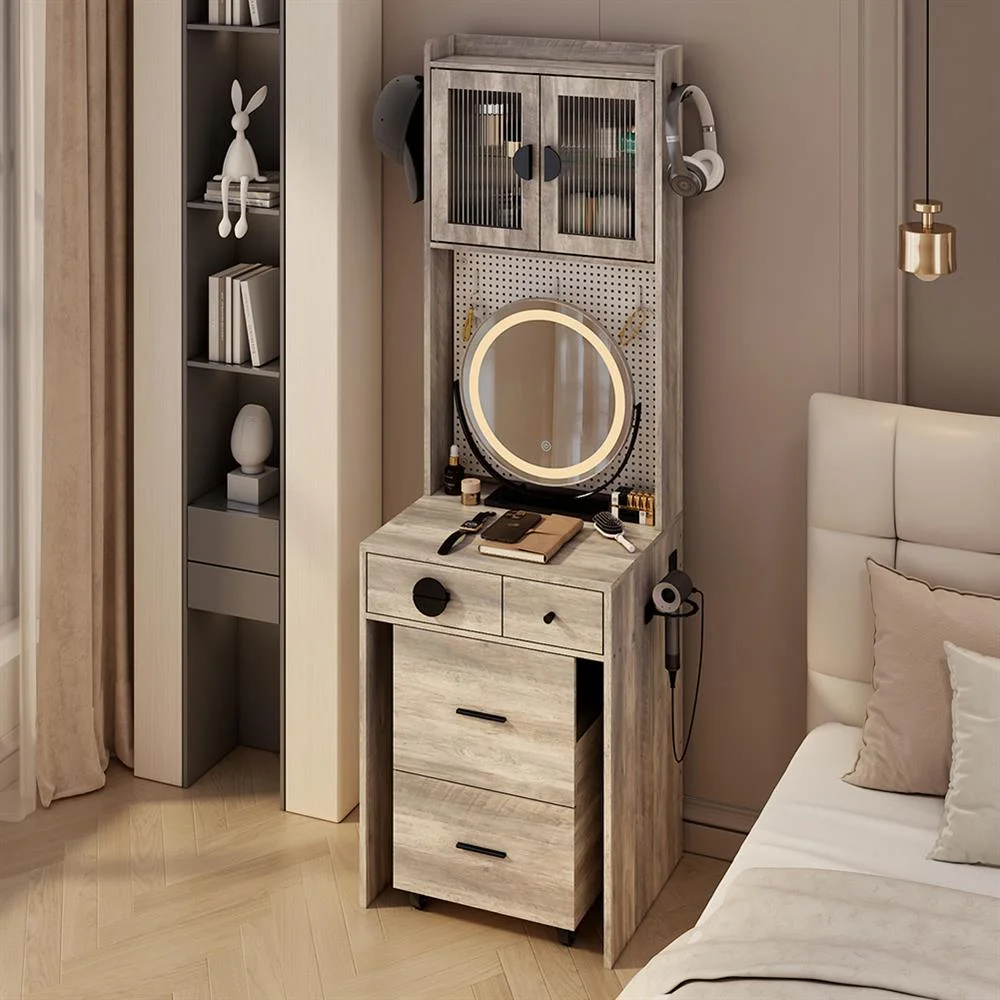 EDOEMSE Table & Chair Vanity Set, Vanity Set,Small Vanity Desk with Mirror and LED Lights, Makeup Table with Charging Station and drawers,Gray