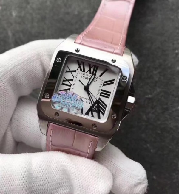 Replica Cartier Santos 100 33mm SS White Dial Pink Leather Strap SEIKO NH05A - Top club