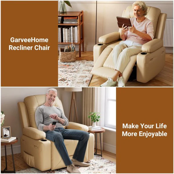 PU Leather Power Lift Recliner Chair With Massage and Heat, Adjustable Furniture for Back, Legs w/ 3 Positions, Usb Port, Side Pocket (Beige, 27 Seat Width+Cup Holders) - Image 6