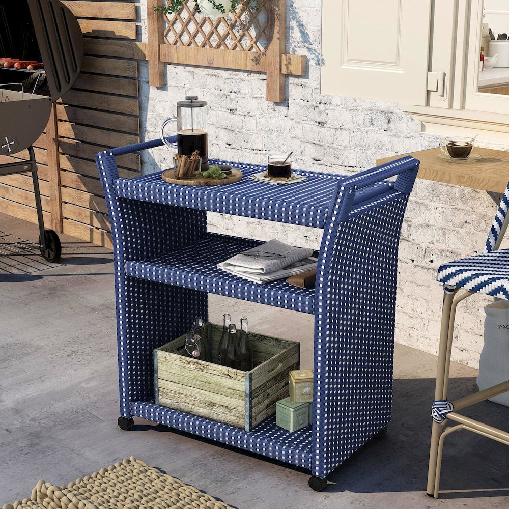 Furniture of America Azur Outdoor Aluminum Wicker Bar Cart in Navy