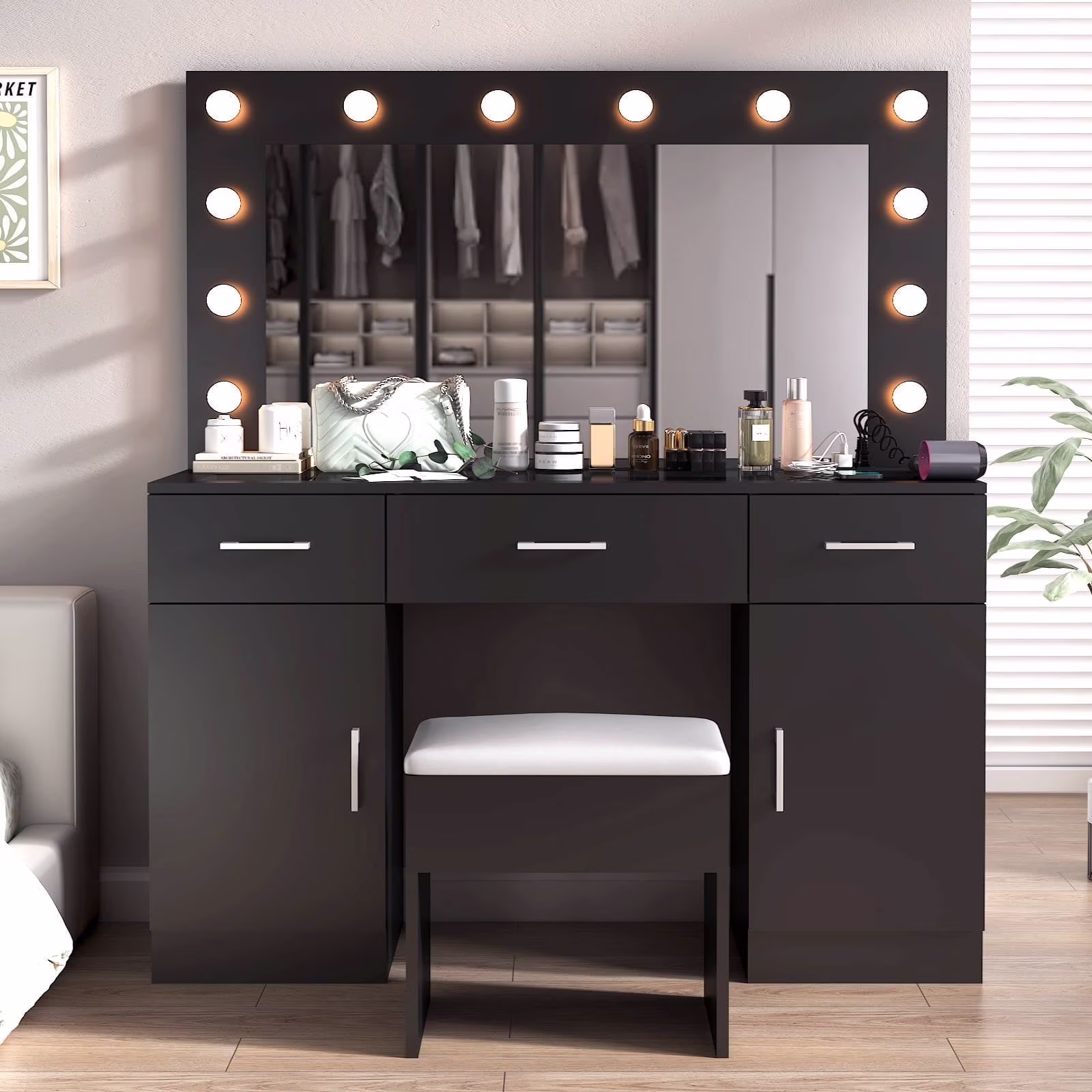 Ktaxon Large Makeup Vanity, Vanity Table Set w/ Visible Glass Top w/ Charging Station, White - Image 11