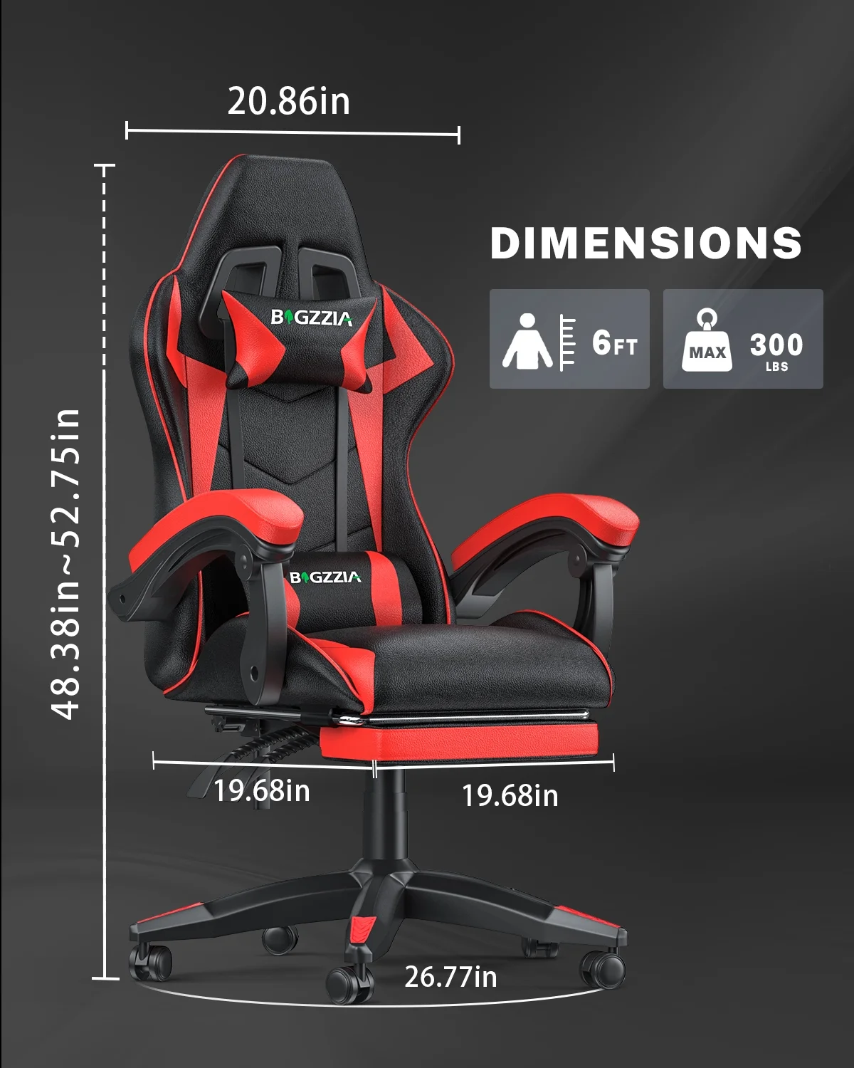 Bigzzia Gaming Chair with Footrest, Gaming Chair for Adult with Headrest and Lumbar Support,Red - Image 10